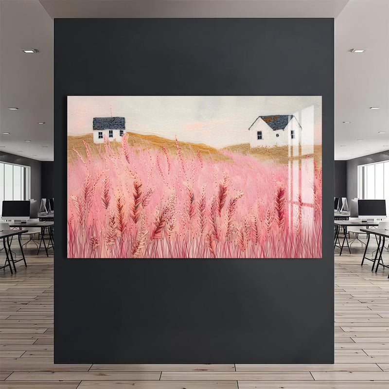 Artronauts Glass Print Pink Meadow Houses- Abstract Tempered Glass Wall Art