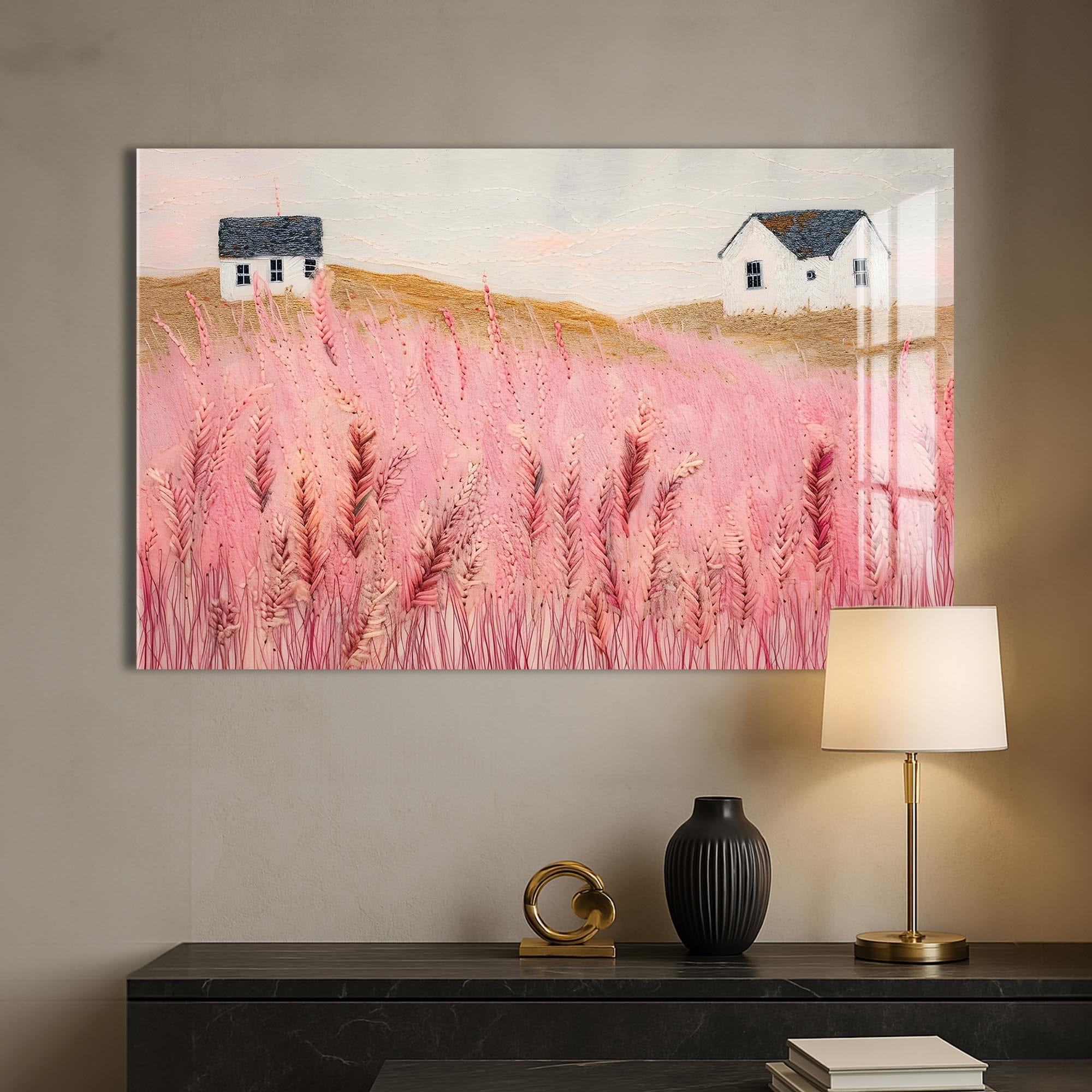 Artronauts Glass Print Pink Meadow Houses- Abstract Tempered Glass Wall Art