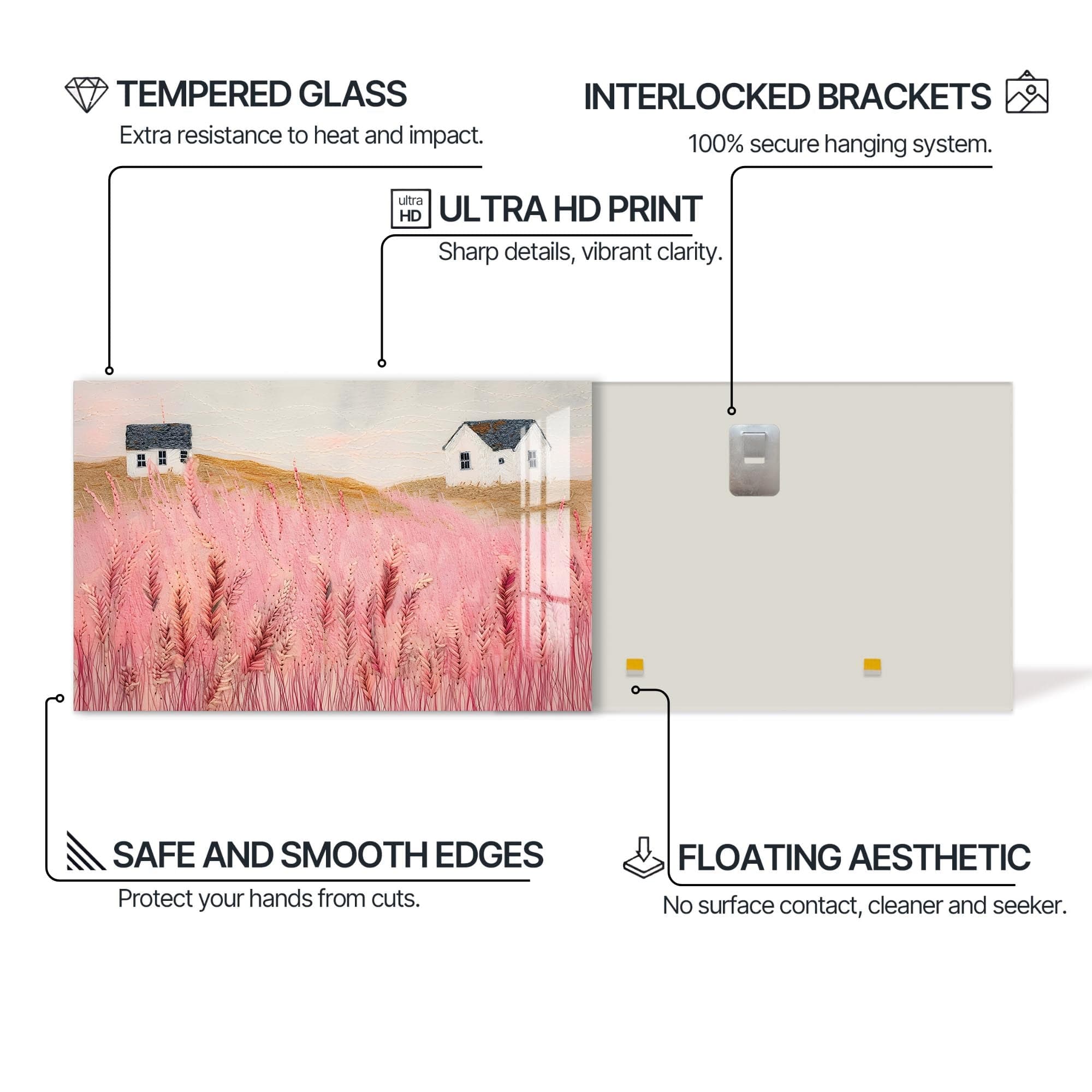 Artronauts Glass Print Pink Meadow Houses- Abstract Tempered Glass Wall Art