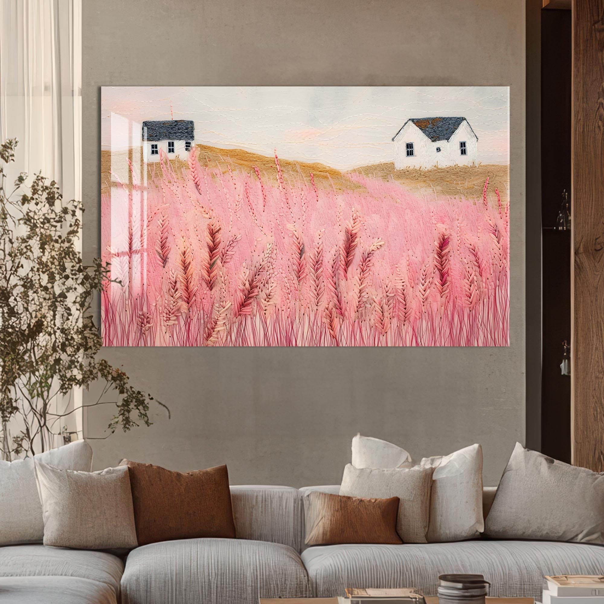 Artronauts Glass Print Pink Meadow Houses- Abstract Tempered Glass Wall Art