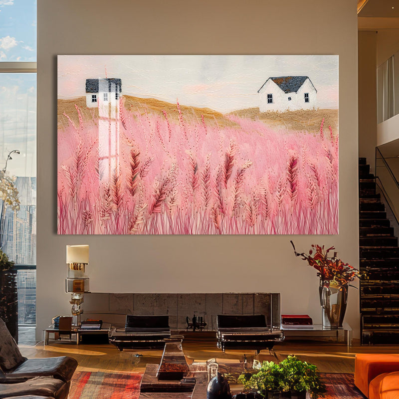 Artronauts Glass Print Pink Meadow Houses- Abstract Tempered Glass Wall Art