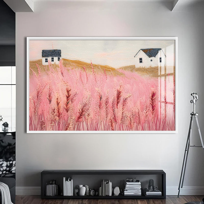 Artronauts Glass Print S | 72x46 cm | 28.3"x18.1" / White Pink Meadow Houses- Abstract Tempered Glass Wall Art