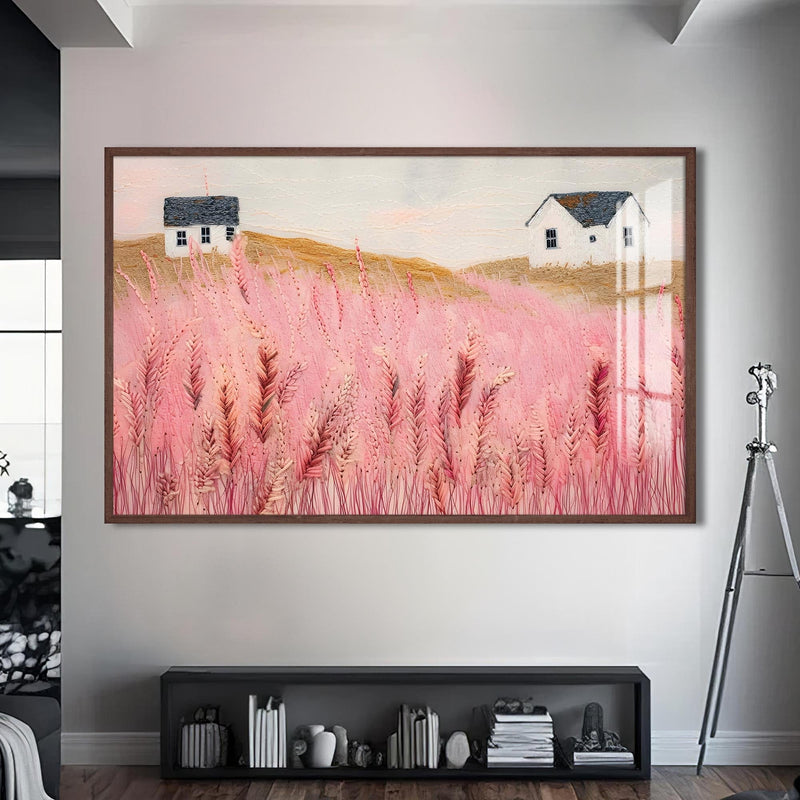 Artronauts Glass Print S | 72x46 cm | 28.3"x18.1" / Walnut Pink Meadow Houses- Abstract Tempered Glass Wall Art