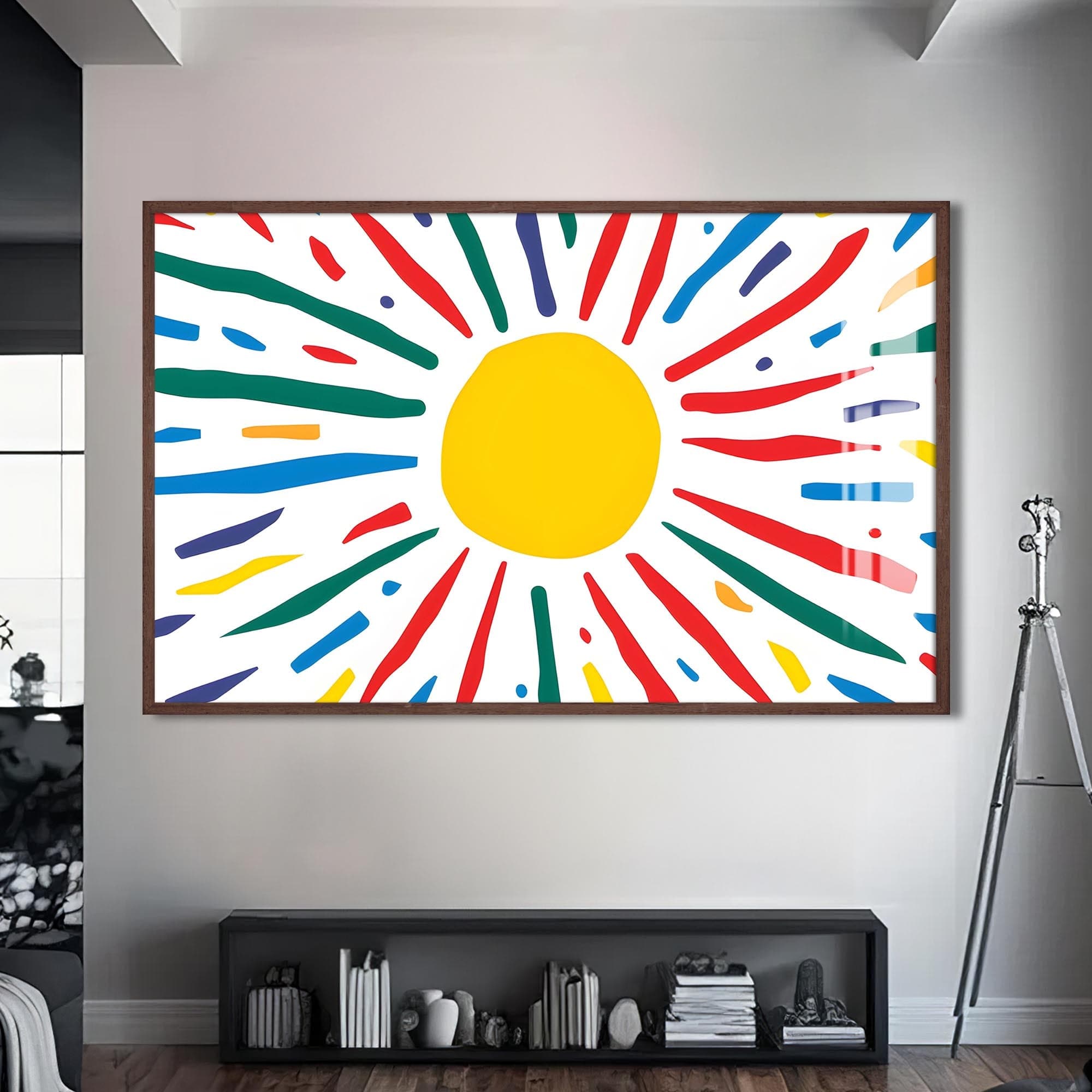 Artronauts Glass Print S | 72x46 cm | 28.3"x18.1" / Walnut Joyful Sunburst Lines - Abstract Tempered Glass Wall Art