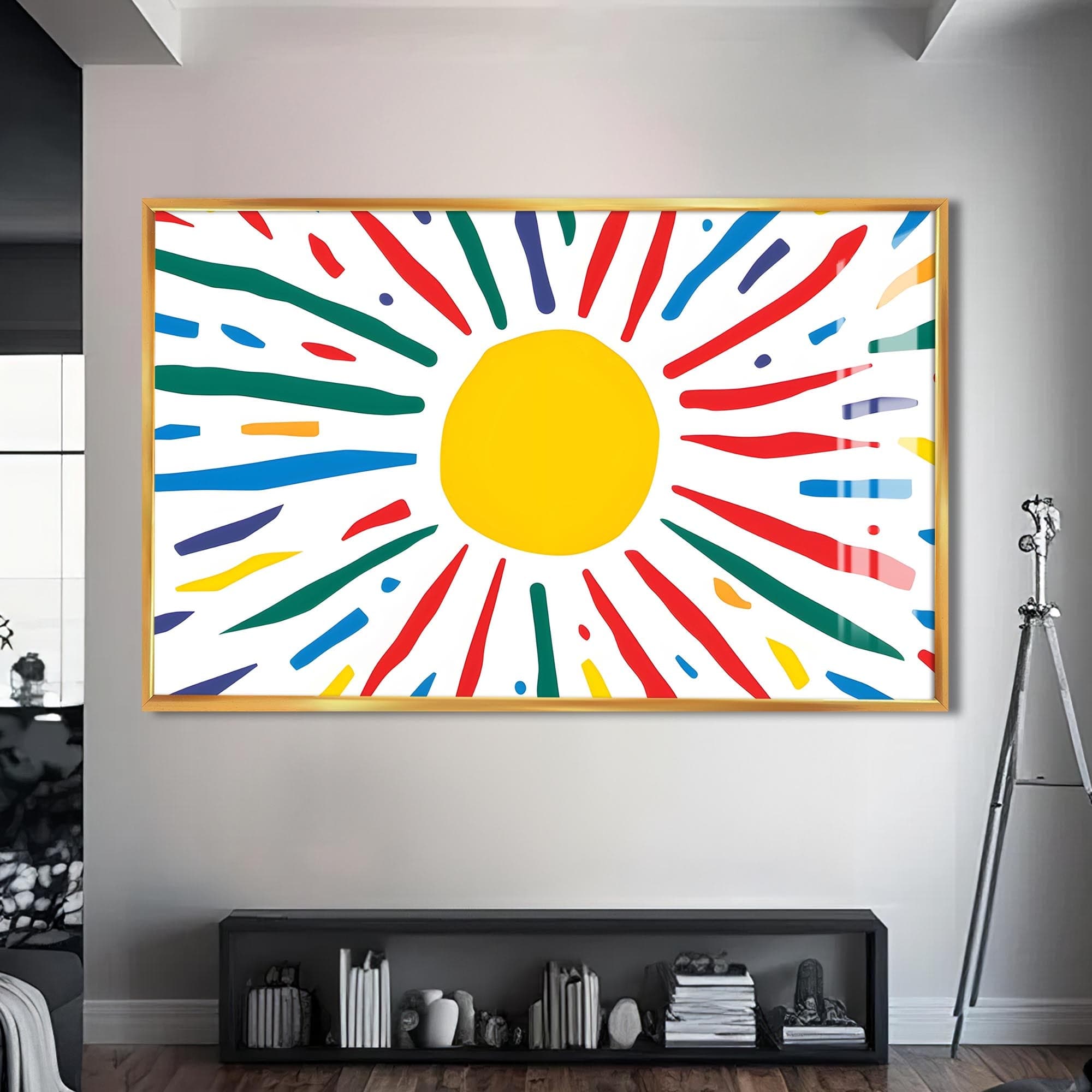 Artronauts Glass Print S | 72x46 cm | 28.3"x18.1" / Gold Joyful Sunburst Lines - Abstract Tempered Glass Wall Art