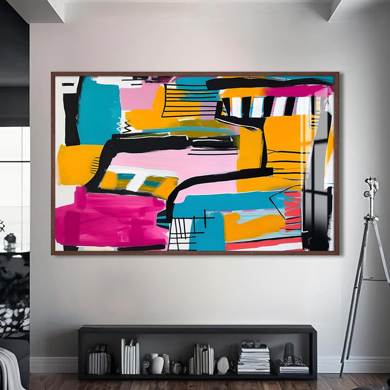 Artronauts Glass Print S | 72x46 cm | 28.3"x18.1" / Walnut Vibrant Urban Blocks - Abstract Tempered Glass Wall Art