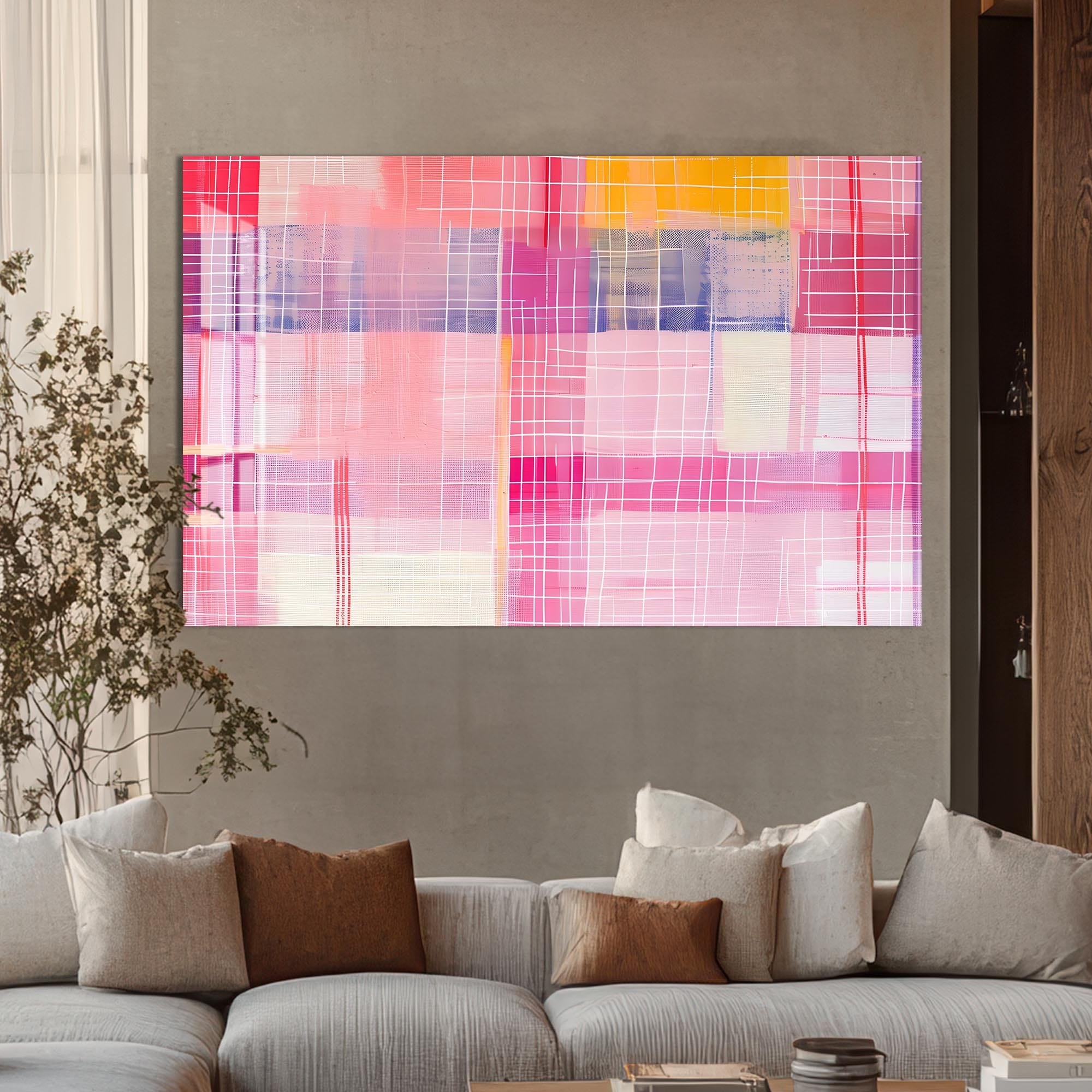 Artronauts Glass Print Pink Horizon Grid - Abstract Tempered Glass Wall Art