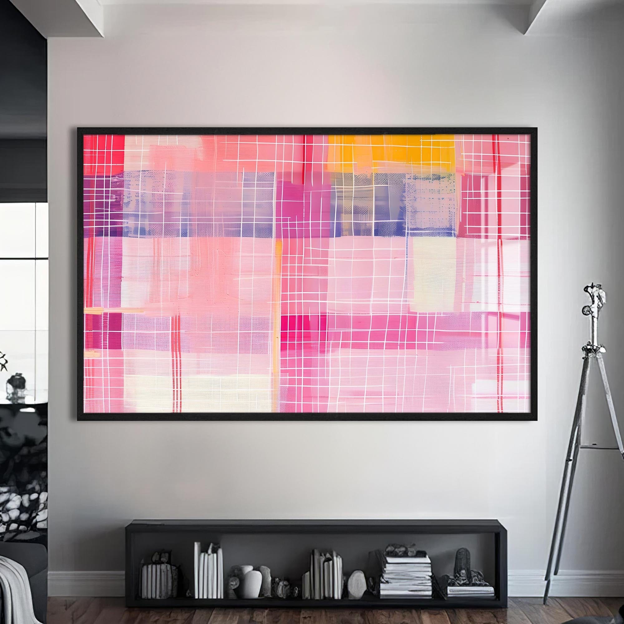 Artronauts Glass Print S | 72x46 cm | 28.3"x18.1" / Black Pink Horizon Grid - Abstract Tempered Glass Wall Art