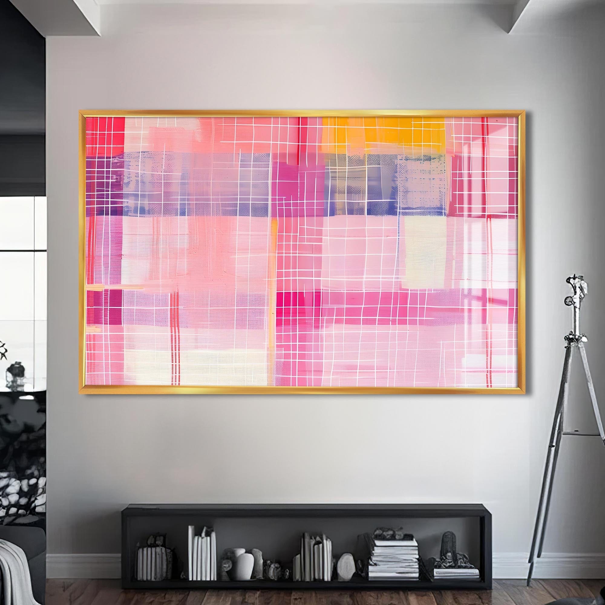 Artronauts Glass Print S | 72x46 cm | 28.3"x18.1" / Gold Pink Horizon Grid - Abstract Tempered Glass Wall Art