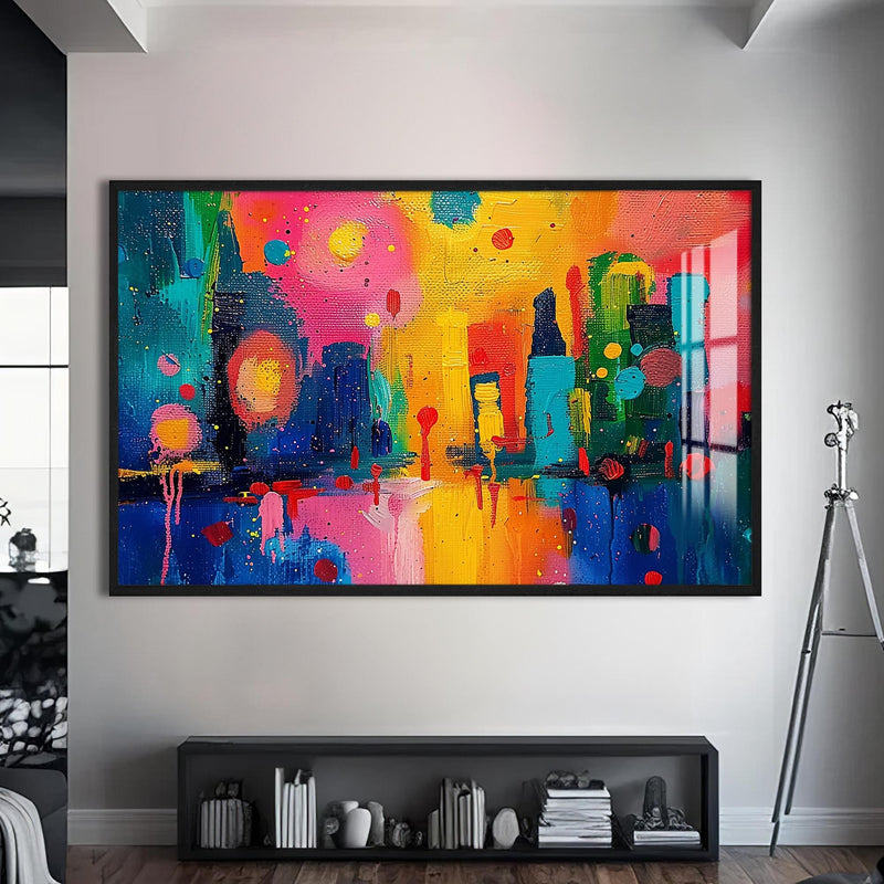 Artronauts Glass Print S | 72x46 cm | 28.3"x18.1" / Black Skyline Glow Fusion - Abstract Tempered Glass Wall Art