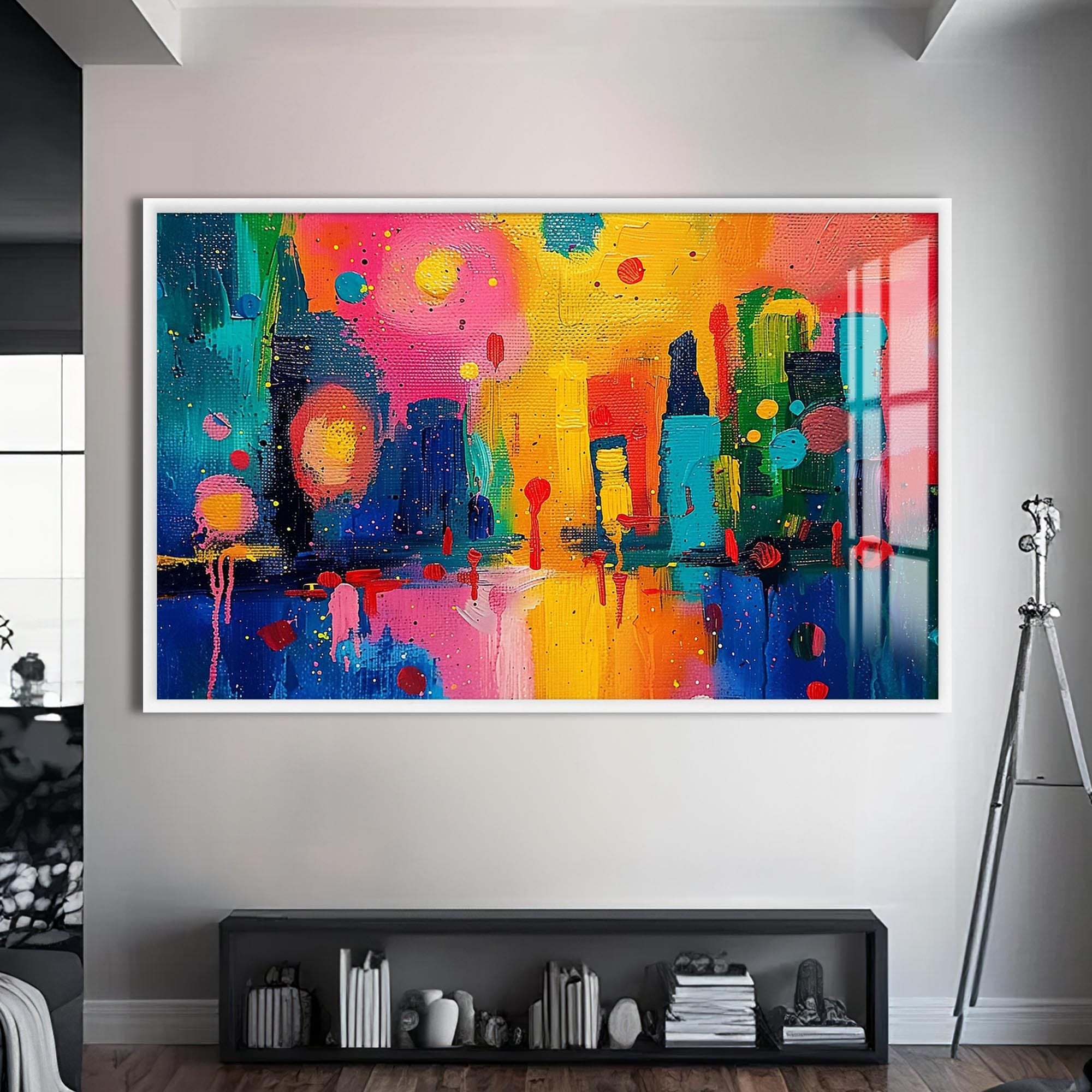 Artronauts Glass Print S | 72x46 cm | 28.3"x18.1" / White Skyline Glow Fusion - Abstract Tempered Glass Wall Art