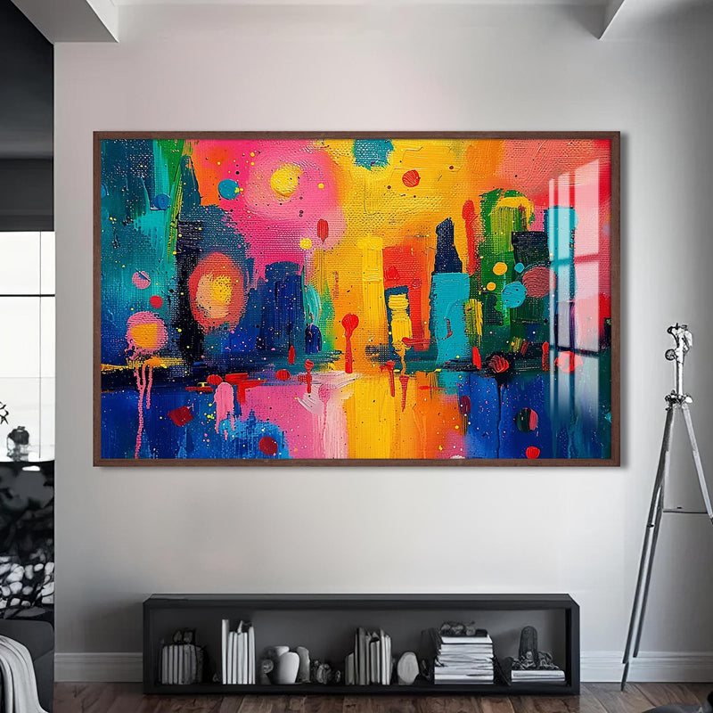 Artronauts Glass Print S | 72x46 cm | 28.3"x18.1" / Walnut Skyline Glow Fusion - Abstract Tempered Glass Wall Art