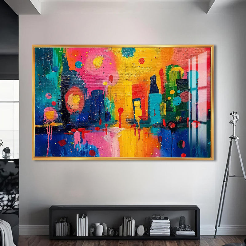 Artronauts Glass Print S | 72x46 cm | 28.3"x18.1" / Gold Skyline Glow Fusion - Abstract Tempered Glass Wall Art