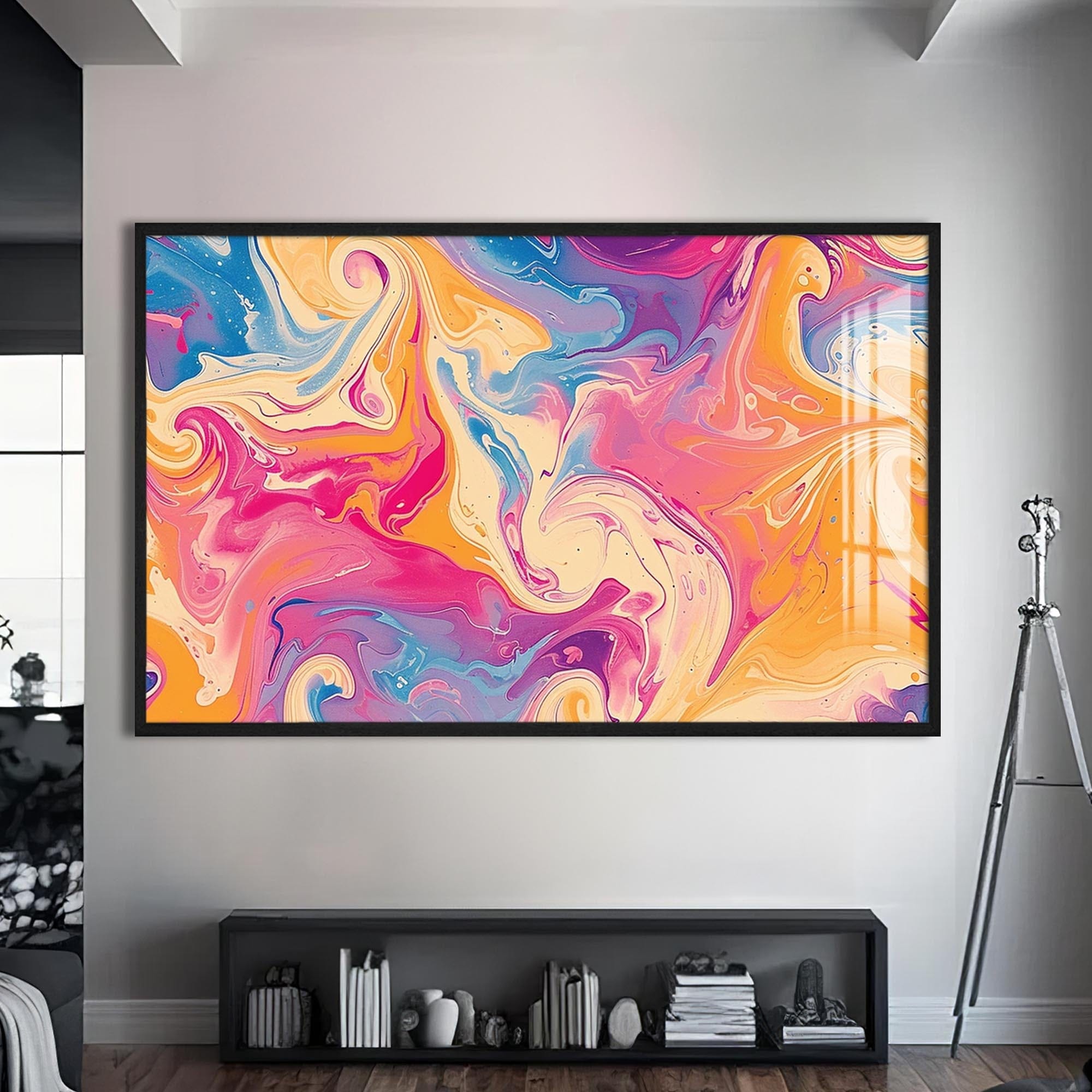 Artronauts Glass Print S | 72x46 cm | 28.3"x18.1" / Black Marble Swirl Sunrise - Abstract Tempered Glass Wall Art