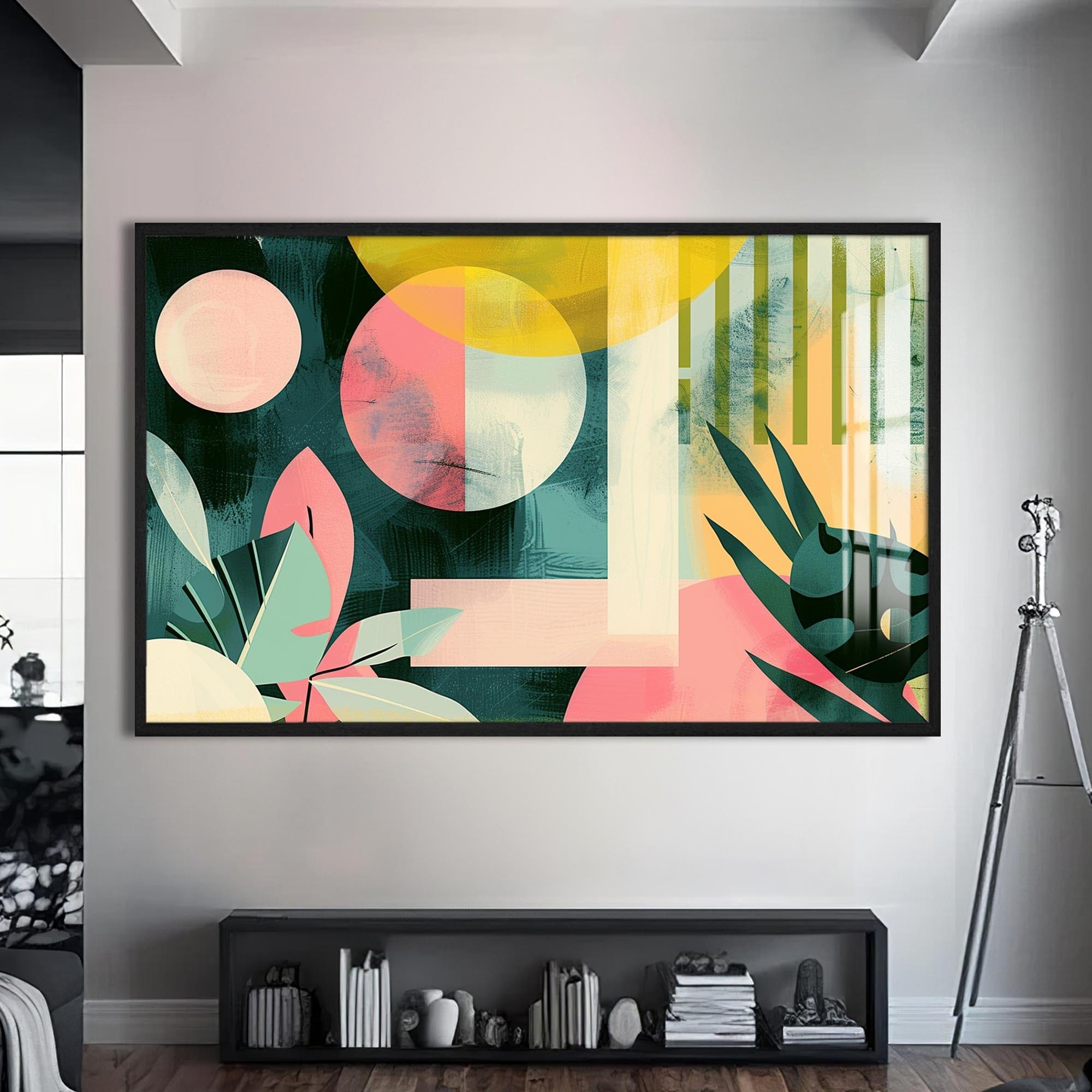 Artronauts Glass Print S | 72x46 cm | 28.3"x18.1" / Black Tropical Geo Shapes - Abstract Tempered Glass Wall Art