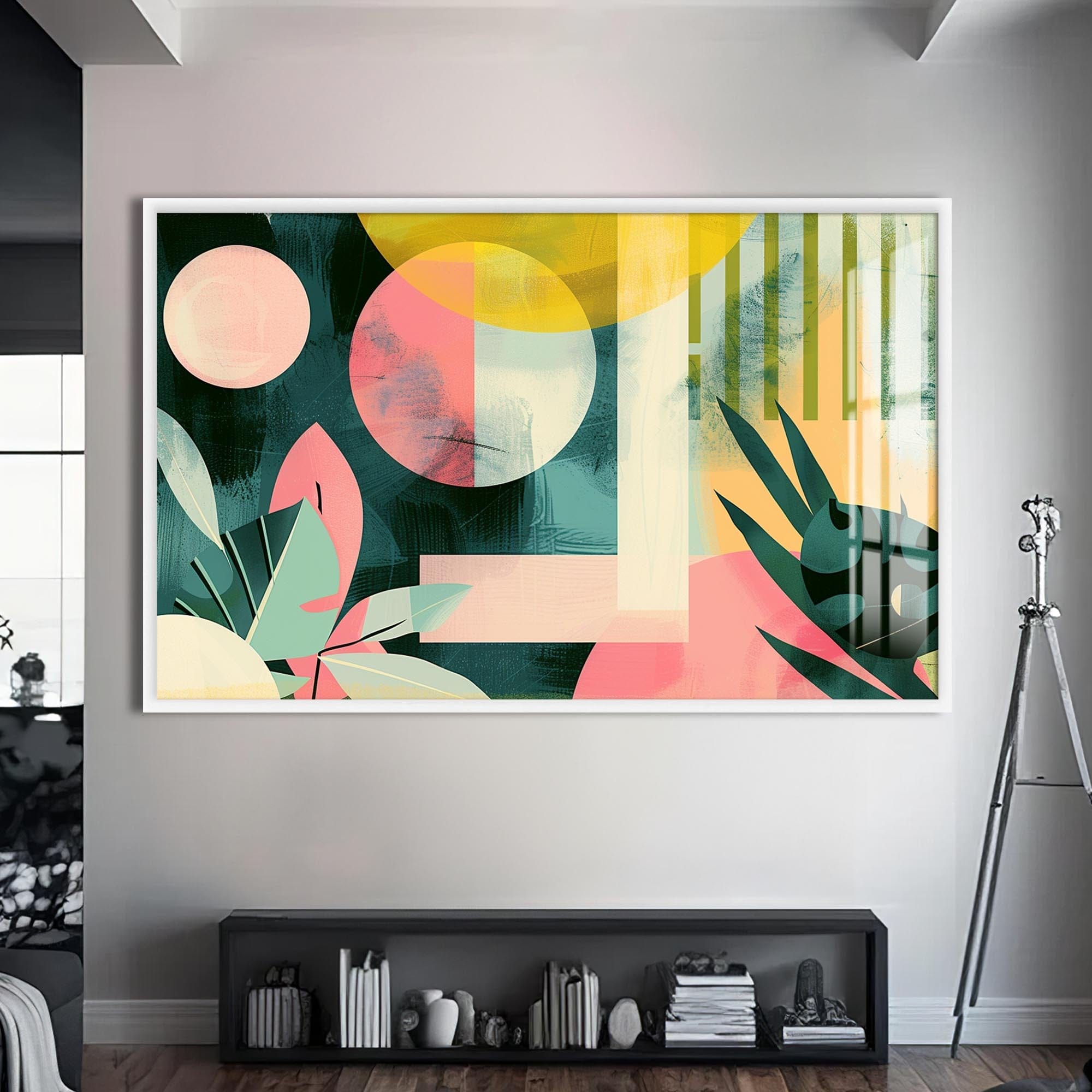 Artronauts Glass Print S | 72x46 cm | 28.3"x18.1" / White Tropical Geo Shapes - Abstract Tempered Glass Wall Art