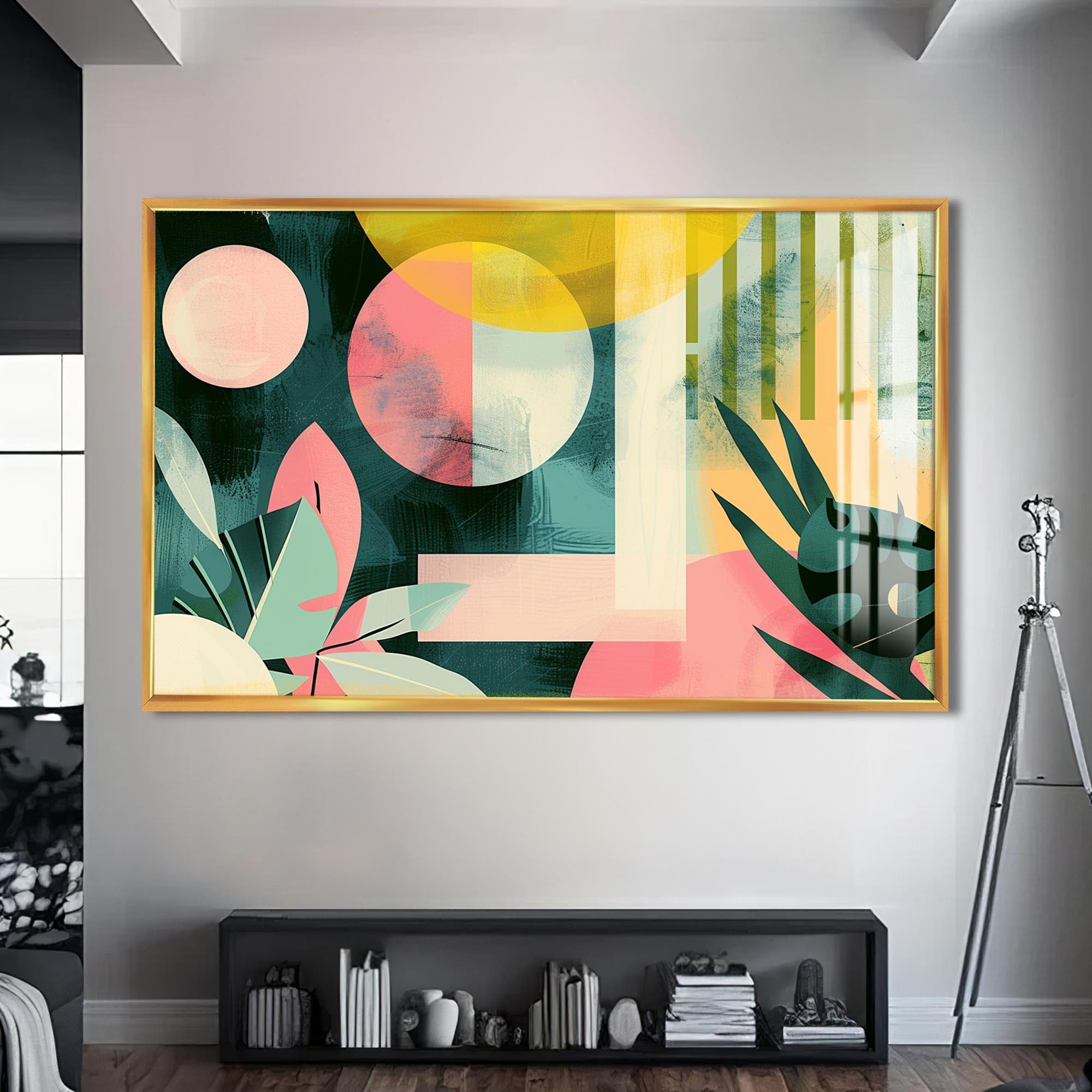 Artronauts Glass Print S | 72x46 cm | 28.3"x18.1" / Gold Tropical Geo Shapes - Abstract Tempered Glass Wall Art