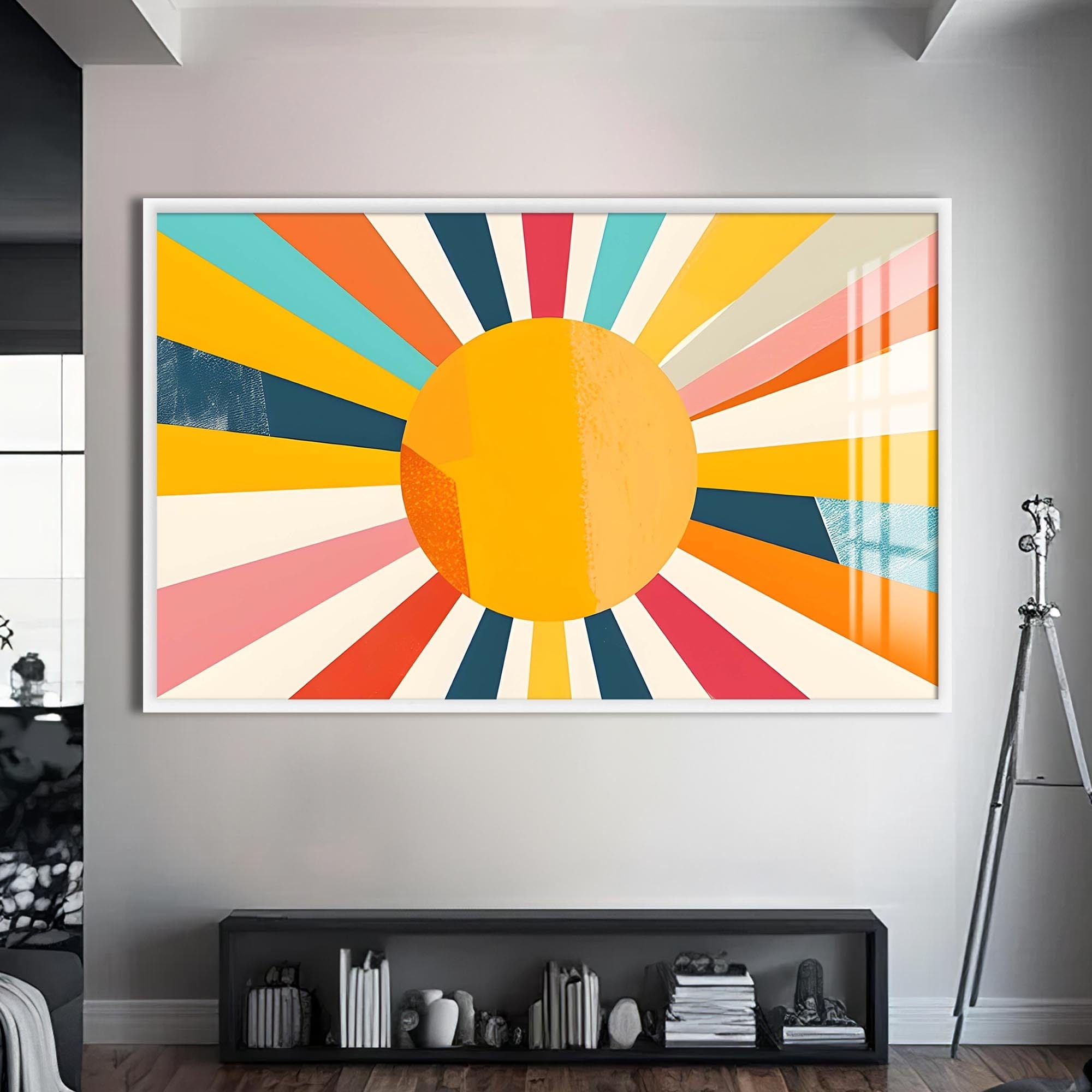 Artronauts Glass Print S | 72x46 cm | 28.3"x18.1" / White Warm Sunburst Bold- Abstract Tempered Glass Wall Art