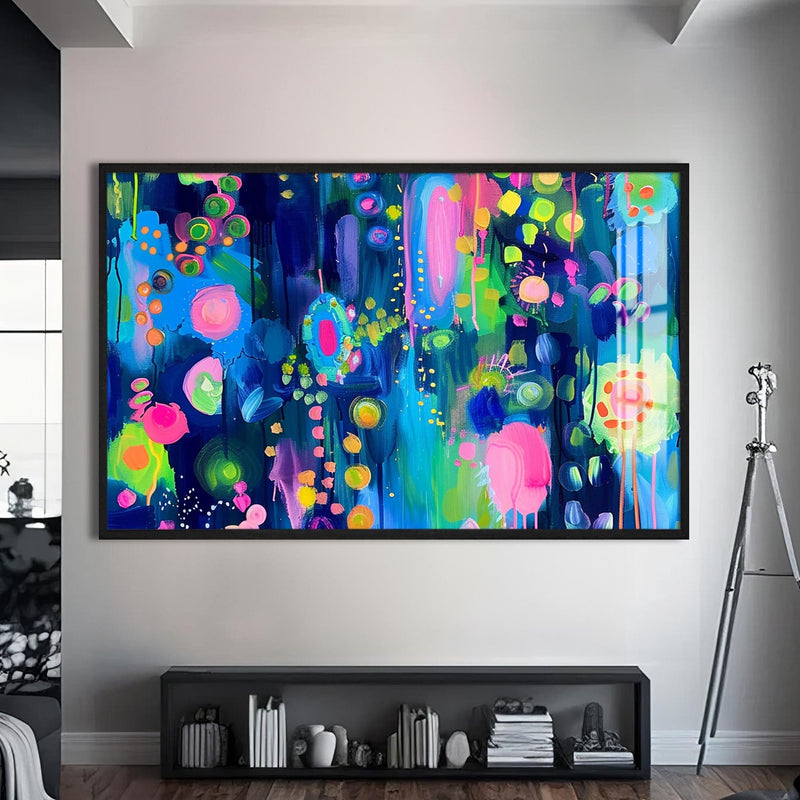 Artronauts Glass Print S | 72x46 cm | 28.3"x18.1" / Black Neon Dream Burst - Abstract Tempered Glass Wall Art