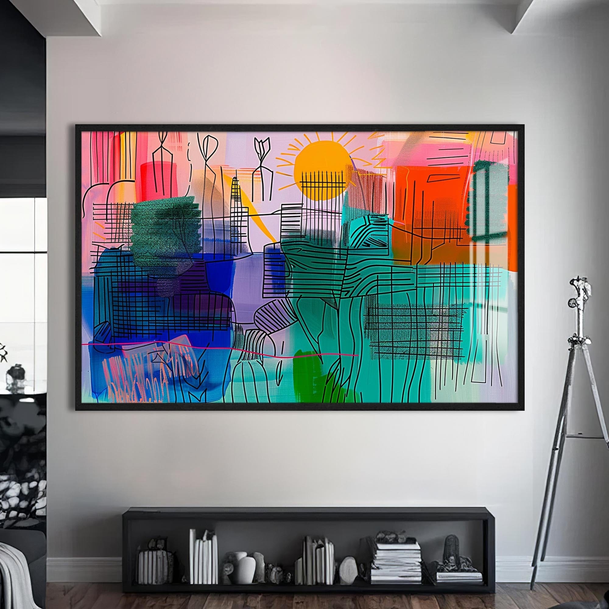 Artronauts Glass Print S | 72x46 cm | 28.3"x18.1" / Black Sunlit City Lines – Abstract Tempered Glass Wall Art