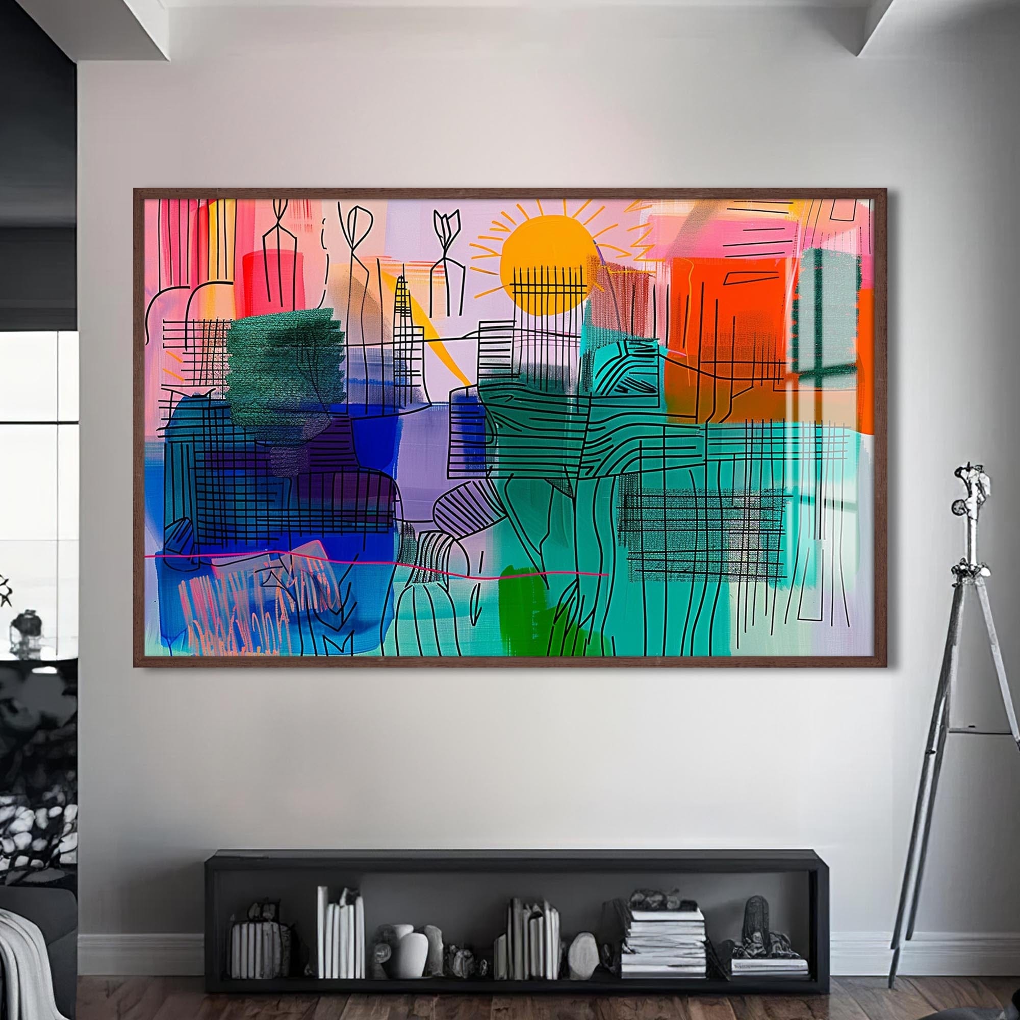 Artronauts Glass Print S | 72x46 cm | 28.3"x18.1" / Walnut Sunlit City Lines – Abstract Tempered Glass Wall Art