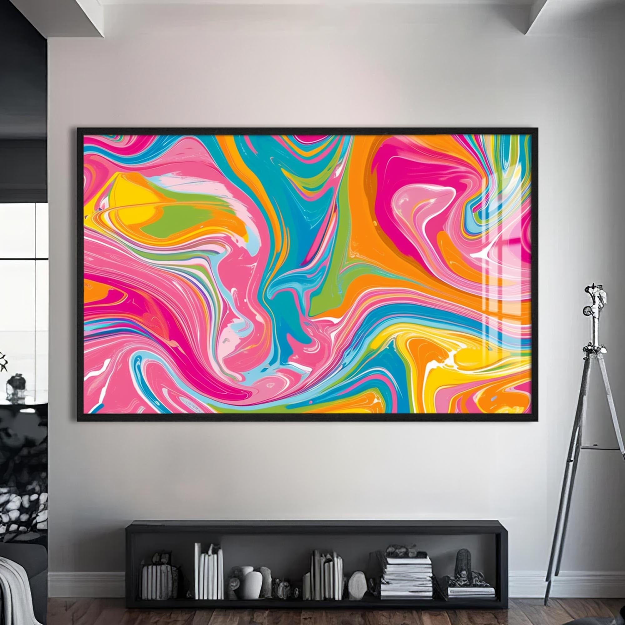 Artronauts Glass Print S | 72x46 cm | 28.3"x18.1" / Black Vivid Swirl Harmony – Abstract Tempered Glass Wall Art