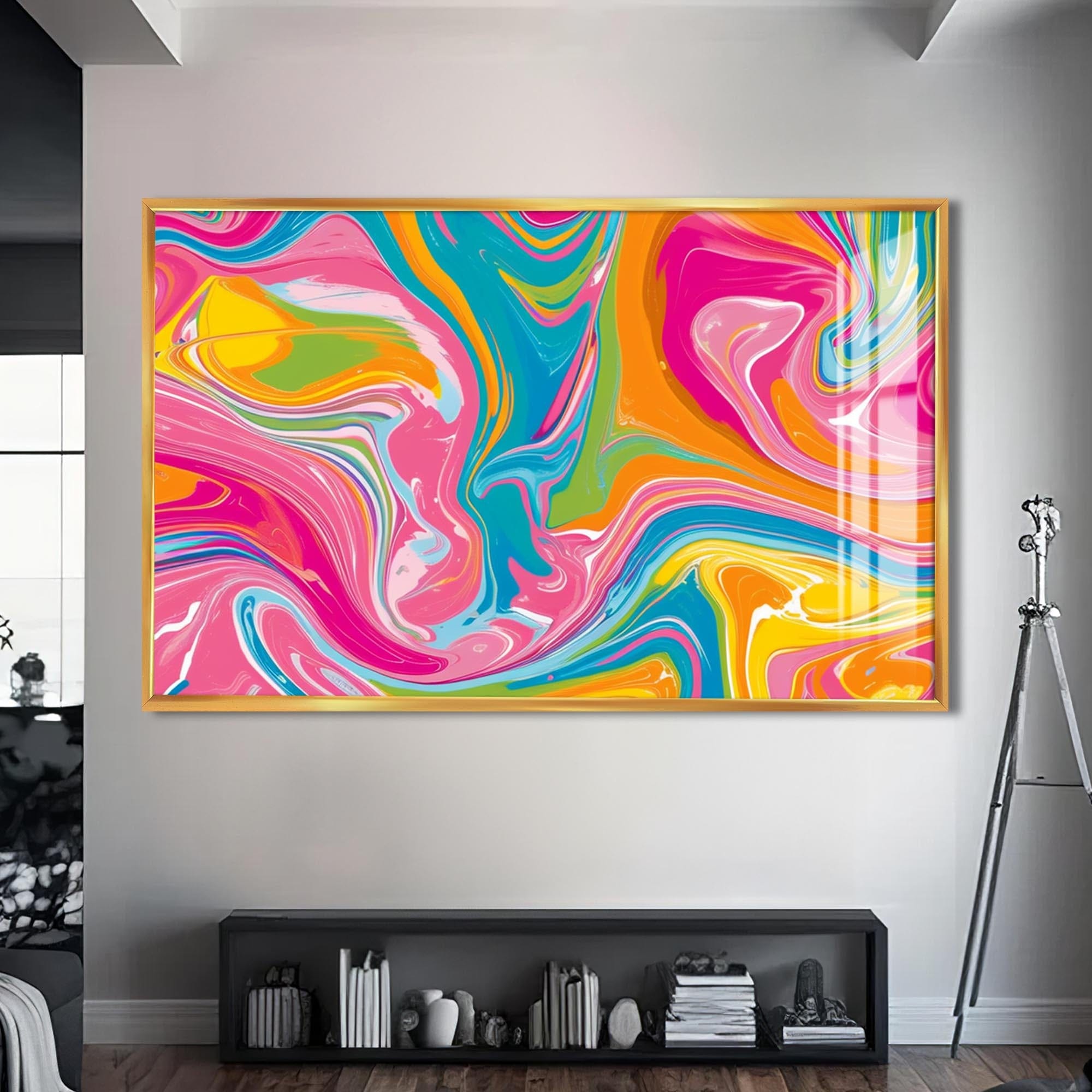 Artronauts Glass Print S | 72x46 cm | 28.3"x18.1" / Gold Vivid Swirl Harmony – Abstract Tempered Glass Wall Art
