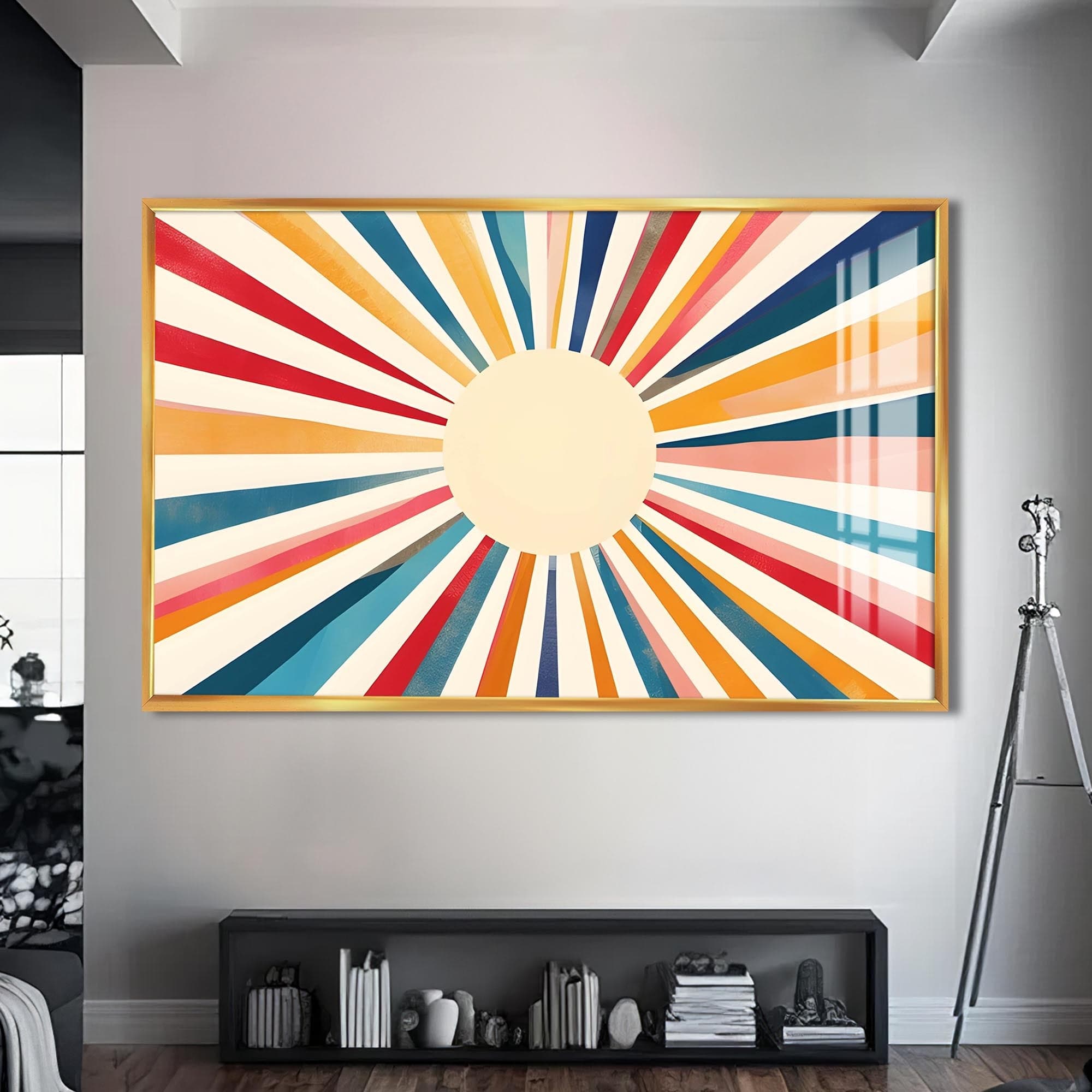 Artronauts Glass Print S | 72x46 cm | 28.3"x18.1" / Gold Soft Sunburst Pastel- Abstract Tempered Glass Wall Art