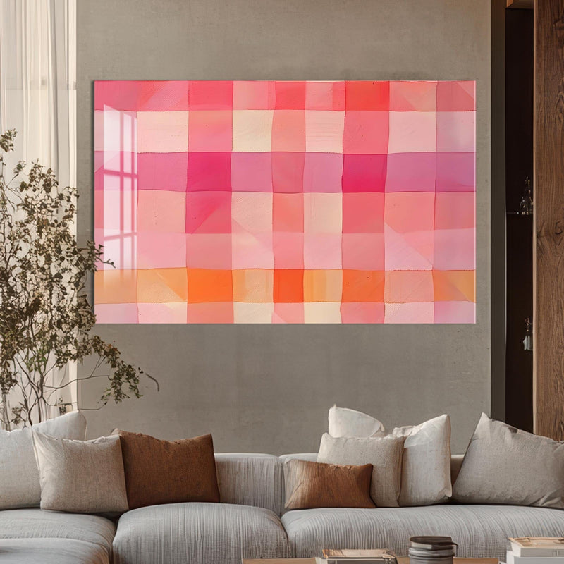 Artronauts Glass Print Pink Checked Abstract- Abstract Tempered Glass Wall Art