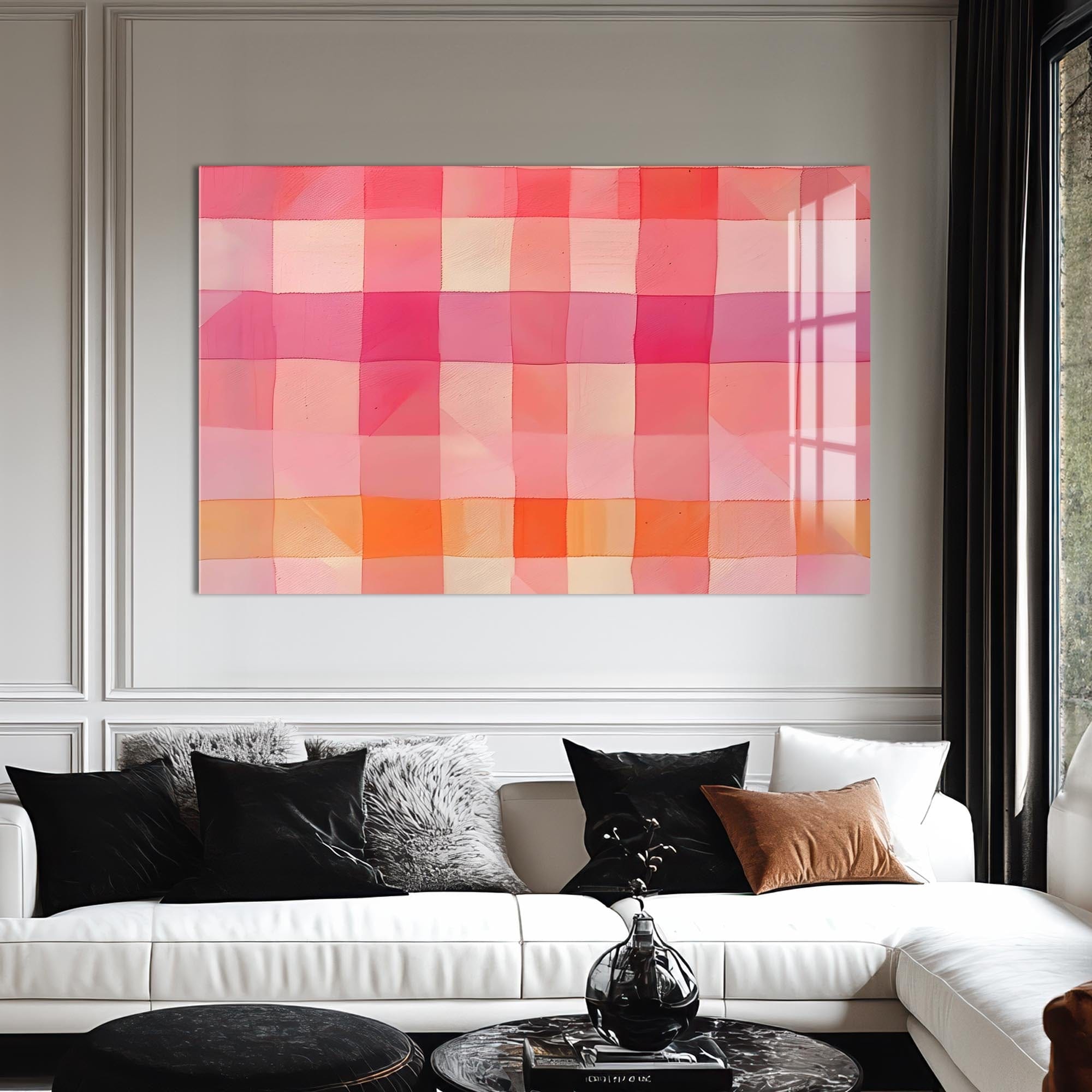 Artronauts Glass Print Pink Checked Abstract- Abstract Tempered Glass Wall Art