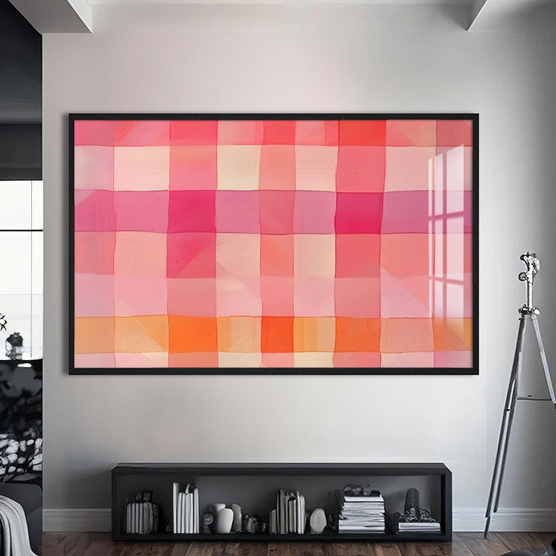Artronauts Glass Print S | 72x46 cm | 28.3"x18.1" / Black Pink Checked Abstract- Abstract Tempered Glass Wall Art