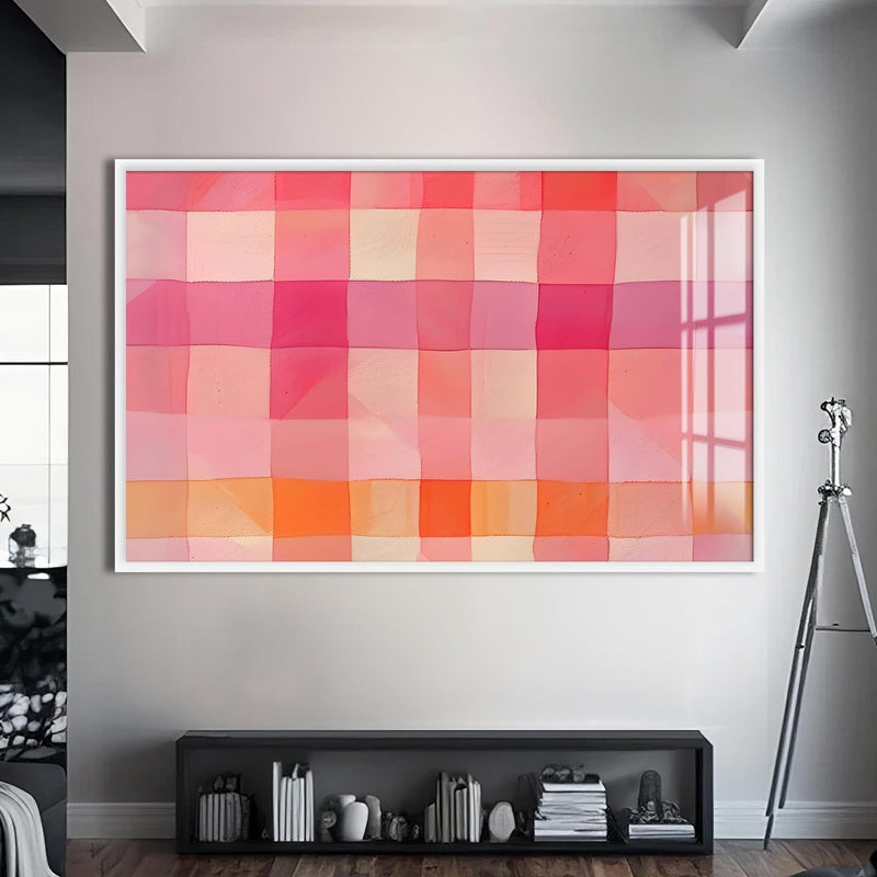 Artronauts Glass Print S | 72x46 cm | 28.3"x18.1" / White Pink Checked Abstract- Abstract Tempered Glass Wall Art