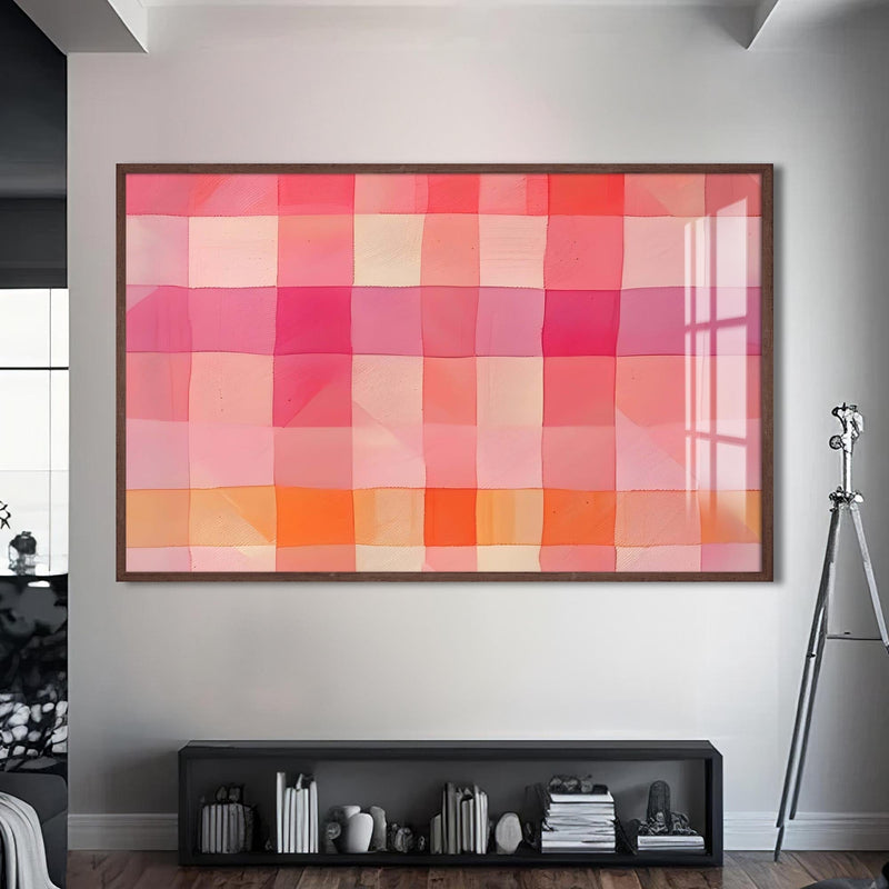 Artronauts Glass Print S | 72x46 cm | 28.3"x18.1" / Walnut Pink Checked Abstract- Abstract Tempered Glass Wall Art