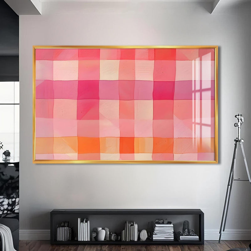 Artronauts Glass Print S | 72x46 cm | 28.3"x18.1" / Gold Pink Checked Abstract- Abstract Tempered Glass Wall Art