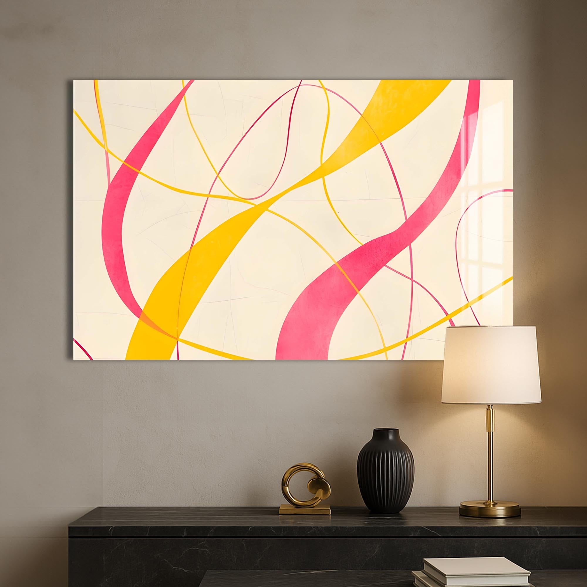 Artronauts Glass Print Yellow & Pink Flow Lines- Abstract Tempered Glass Wall Art