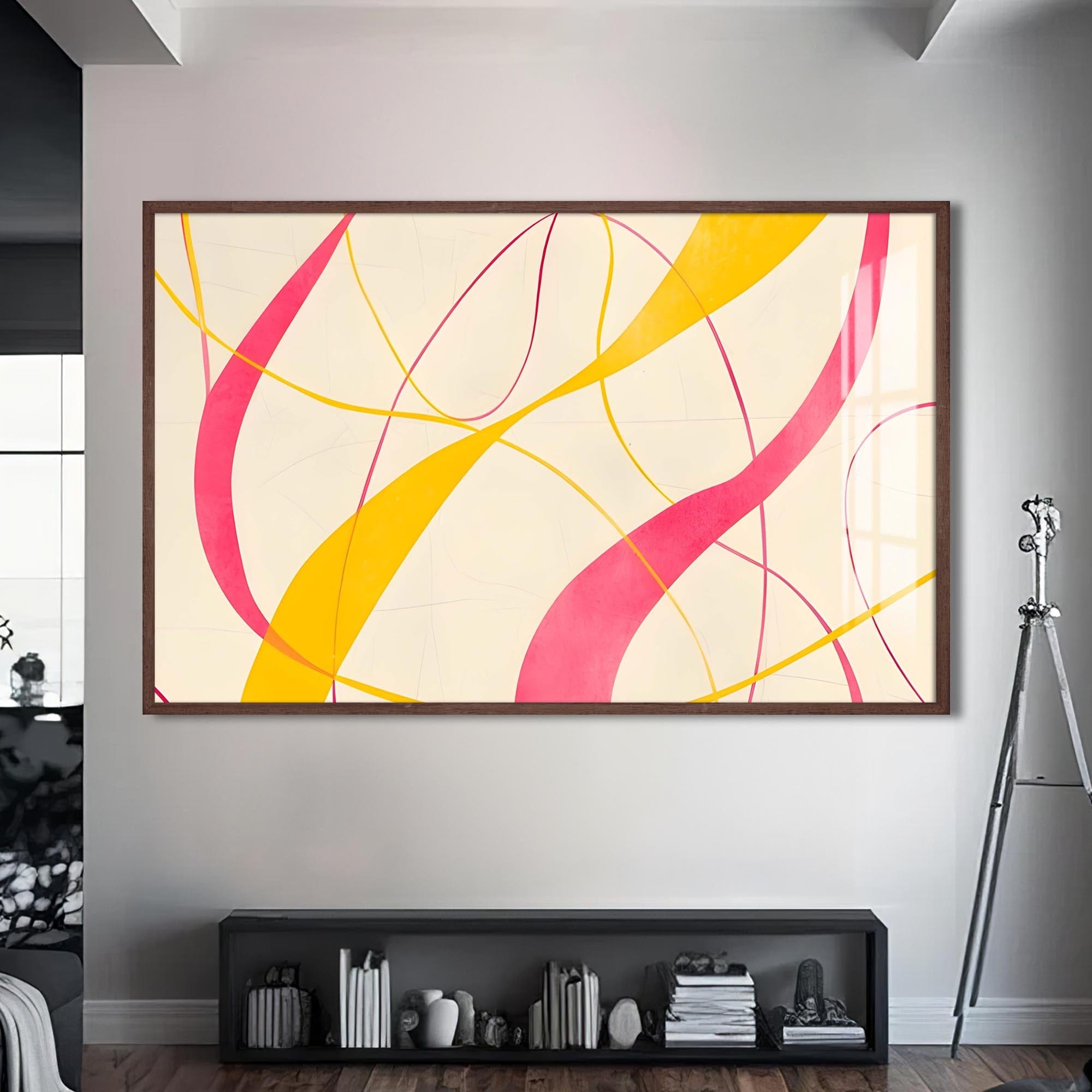 Artronauts Glass Print S | 72x46 cm | 28.3"x18.1" / Walnut Yellow & Pink Flow Lines- Abstract Tempered Glass Wall Art