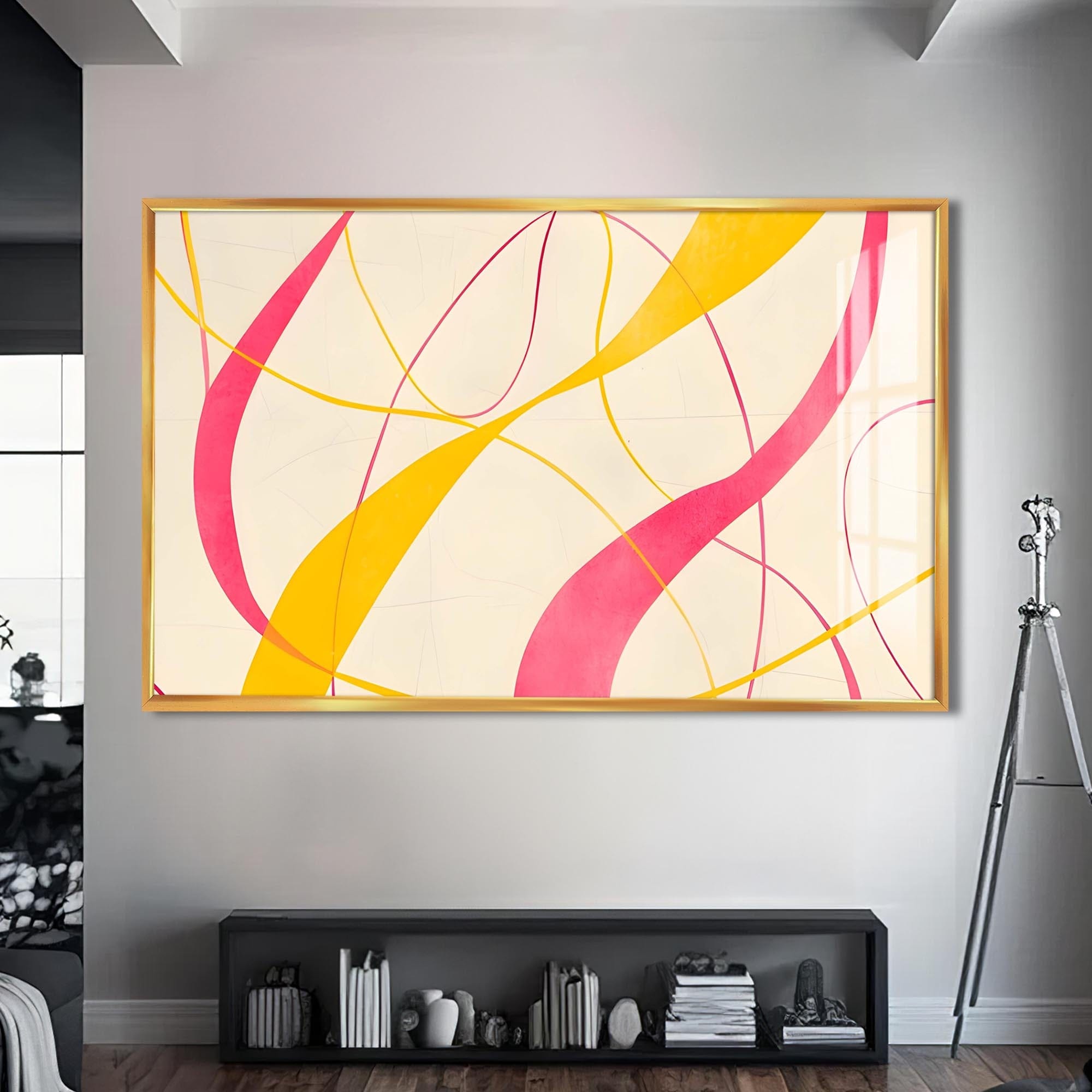 Artronauts Glass Print S | 72x46 cm | 28.3"x18.1" / Gold Yellow & Pink Flow Lines- Abstract Tempered Glass Wall Art