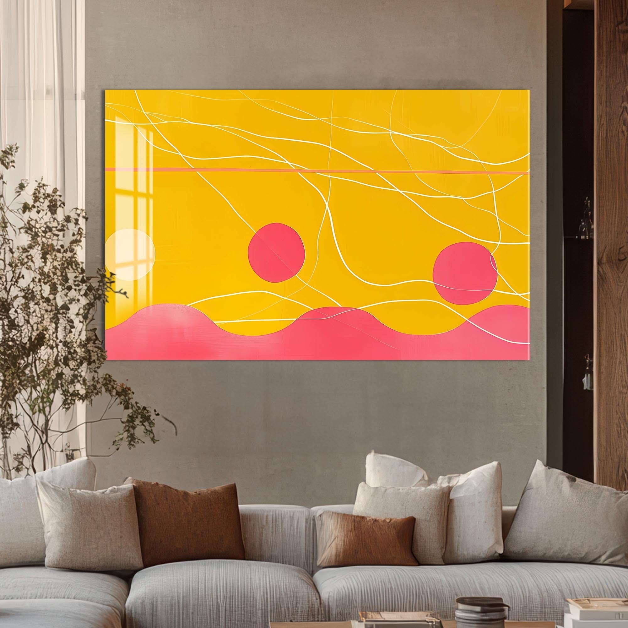 Artronauts Glass Print Yellow–Pink Abstract Waves- Abstract Tempered Glass Wall Art