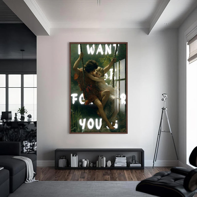 Artronauts Glass Print S | 72x46 cm | 28.3"x18.1" / Walnut I Want Forever - Tempered Glass Wall Art