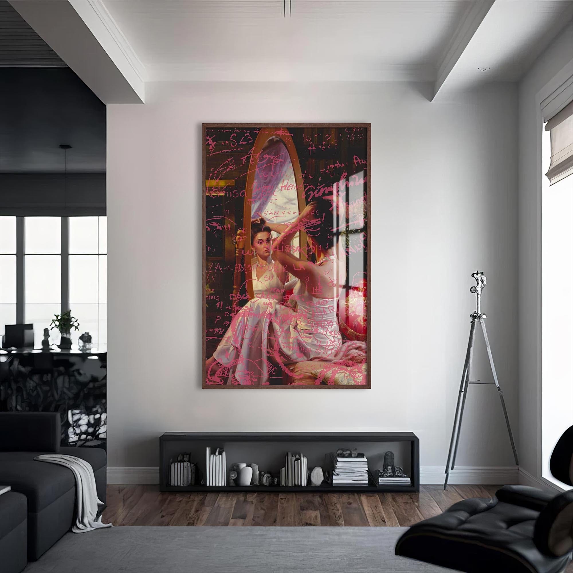 Artronauts Glass Print S | 72x46 cm | 28.3"x18.1" / Walnut Pink Mirror Notes - Tempered Glass Wall Art