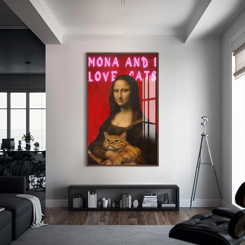 Artronauts Glass Print S | 72x46 cm | 28.3"x18.1" / Walnut Mona Loves Cats - Tempered Glass Wall Art