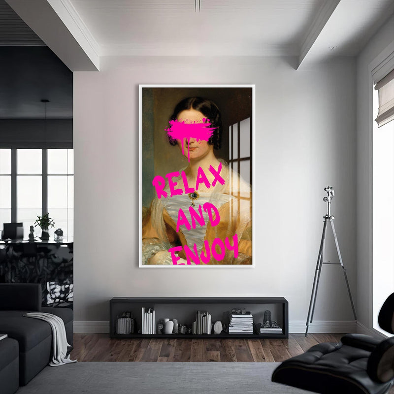 Artronauts Glass Print S | 72x46 cm | 28.3"x18.1" / White Relax And Enjoy - Tempered Glass Wall Art