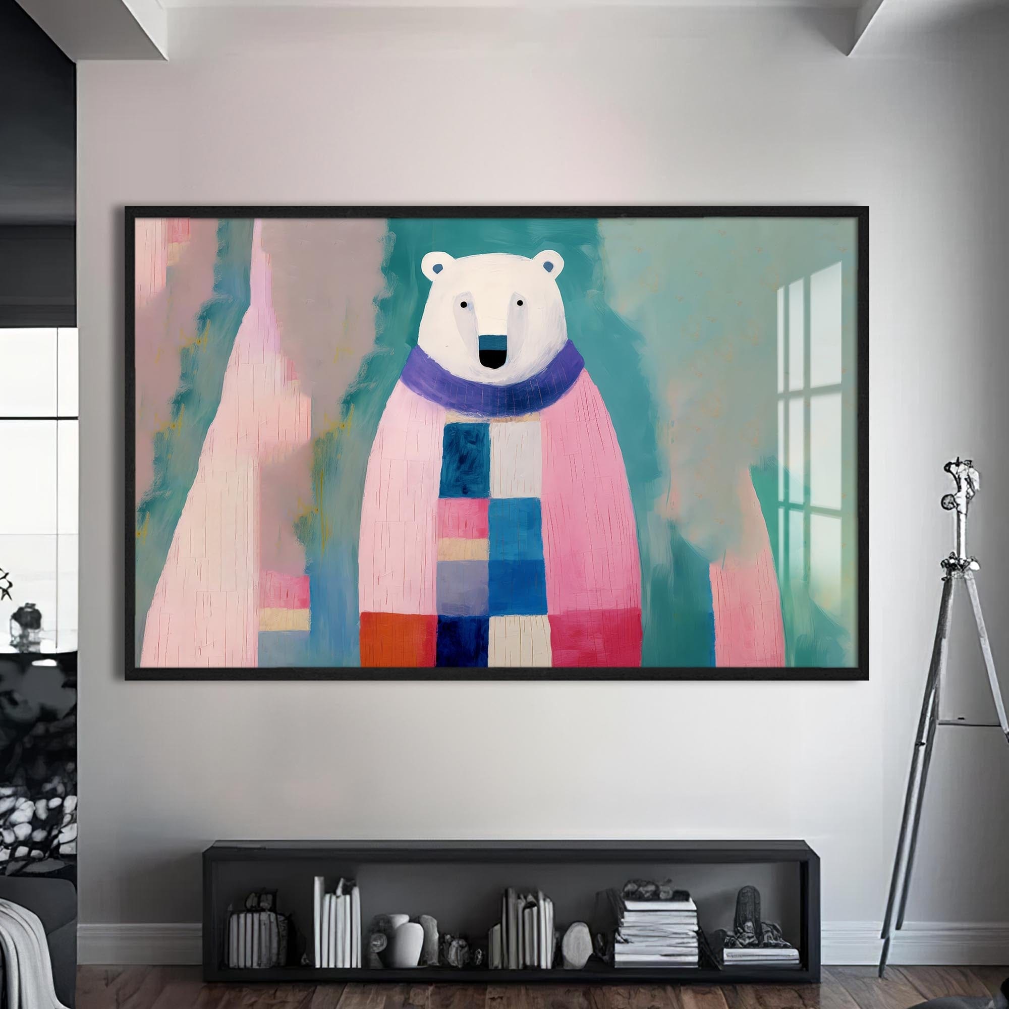 Artronauts Glass Print S | 72x46 cm | 28.3"x18.1" / Black Cosy Patchwork Polar Bear – Animal Tempered Glass Wall Art