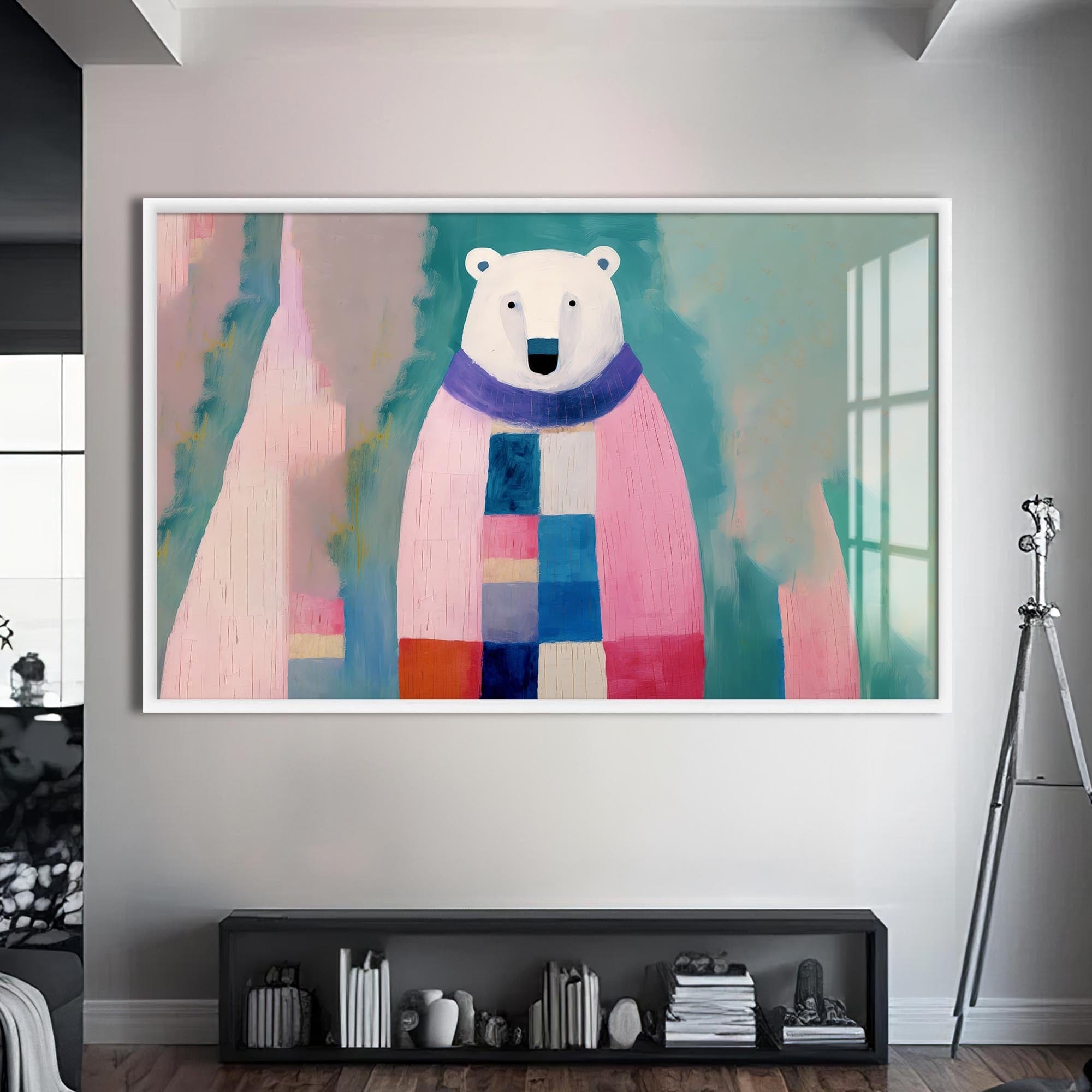 Artronauts Glass Print S | 72x46 cm | 28.3"x18.1" / White Cosy Patchwork Polar Bear – Animal Tempered Glass Wall Art
