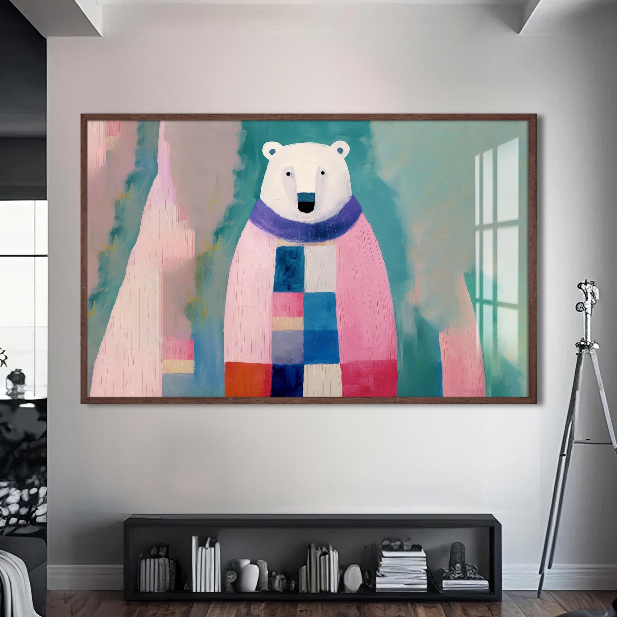 Artronauts Glass Print S | 72x46 cm | 28.3"x18.1" / Walnut Cosy Patchwork Polar Bear – Animal Tempered Glass Wall Art