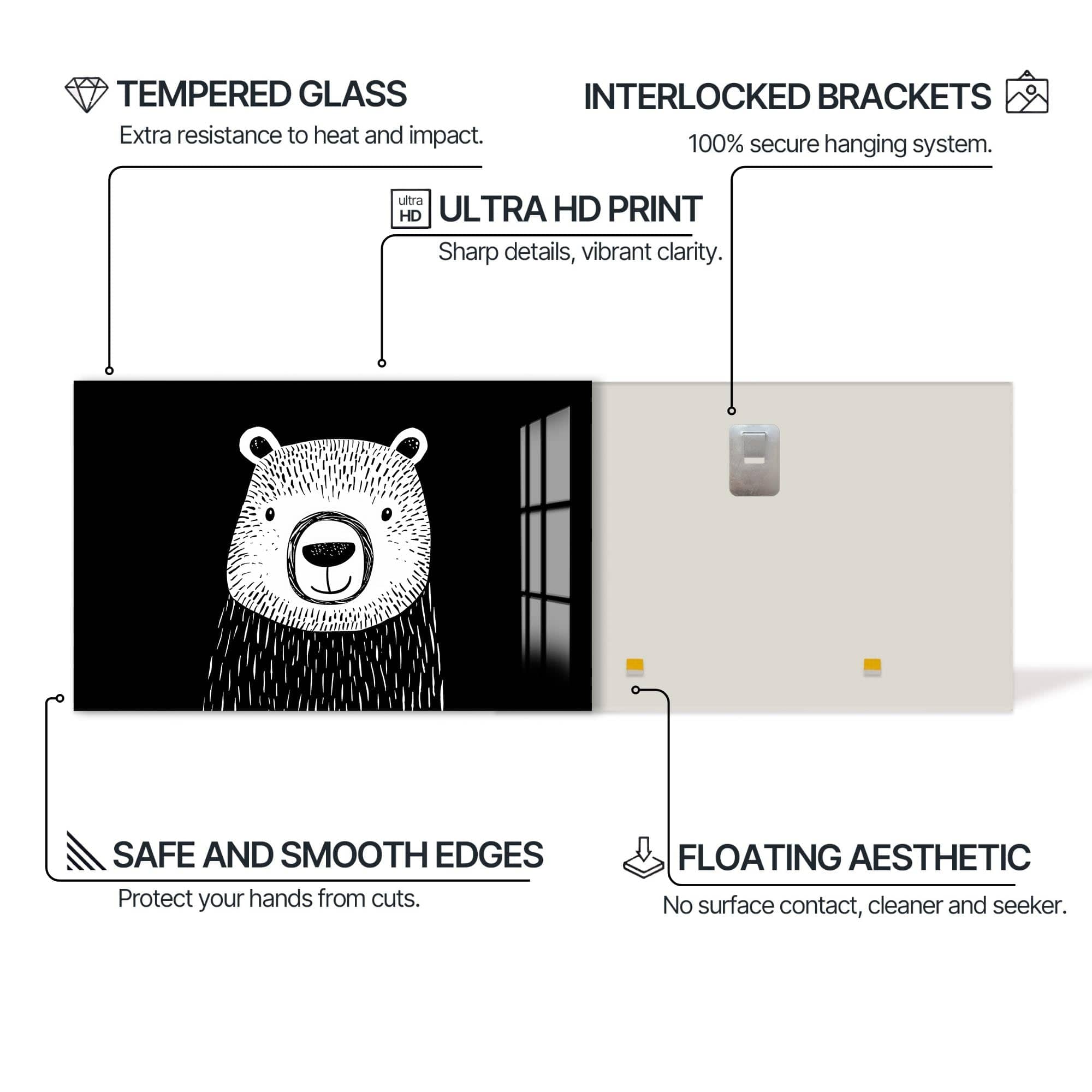 Artronauts Glass Print Minimal Black & White Bear – Animal Tempered Glass Wall Art
