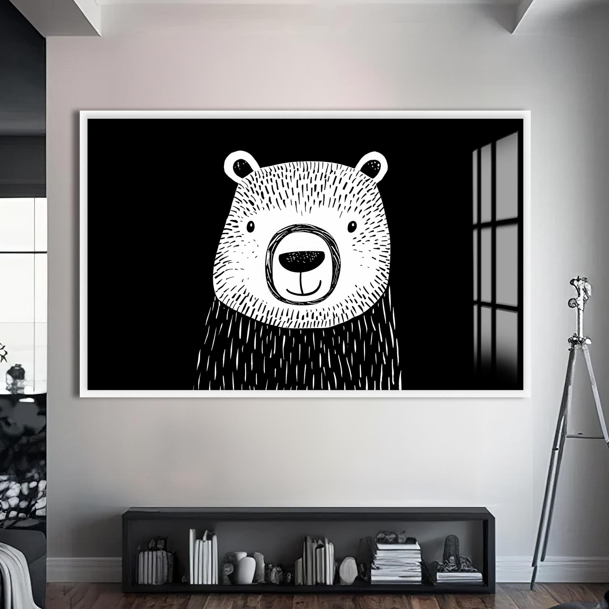 Artronauts Glass Print S | 72x46 cm | 28.3"x18.1" / White Minimal Black & White Bear – Animal Tempered Glass Wall Art