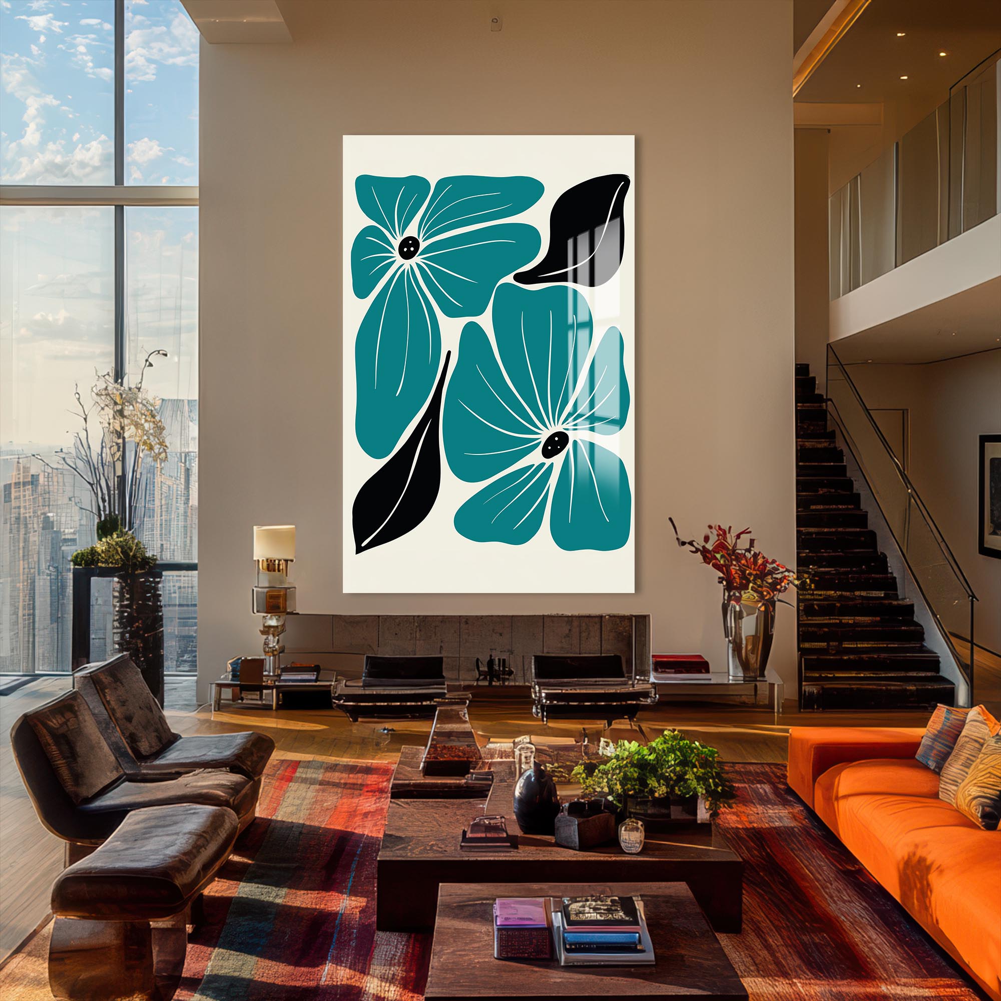 Teal Bloom Pattern– Bohemian Tempered Glass Wall Art (