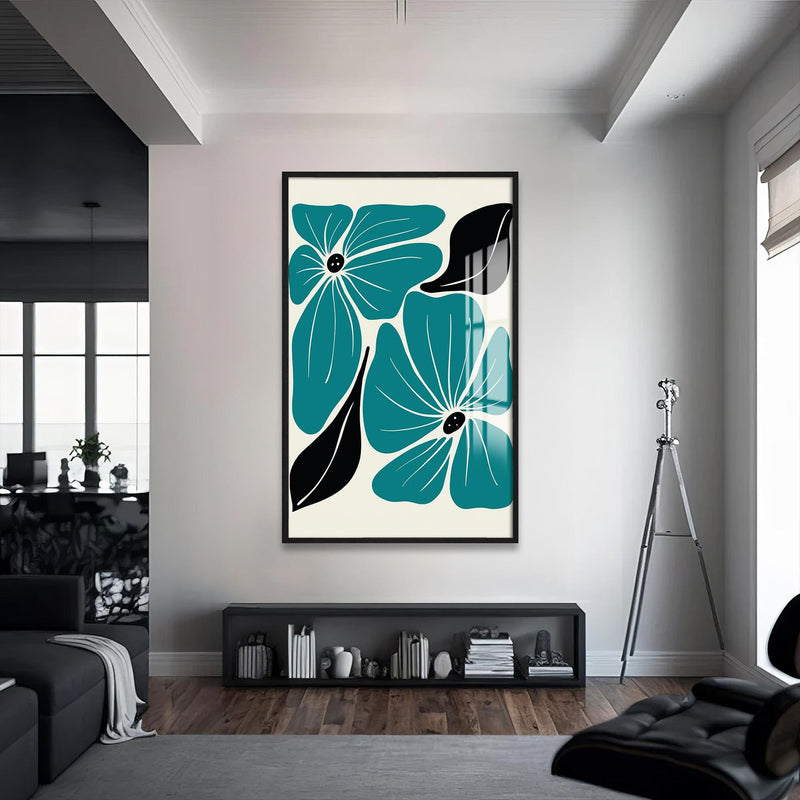 Artronauts Glass Print S | 72x46 cm | 28.3"x18.1" / Black Teal Bloom Pattern– Bohemian Tempered Glass Wall Art (