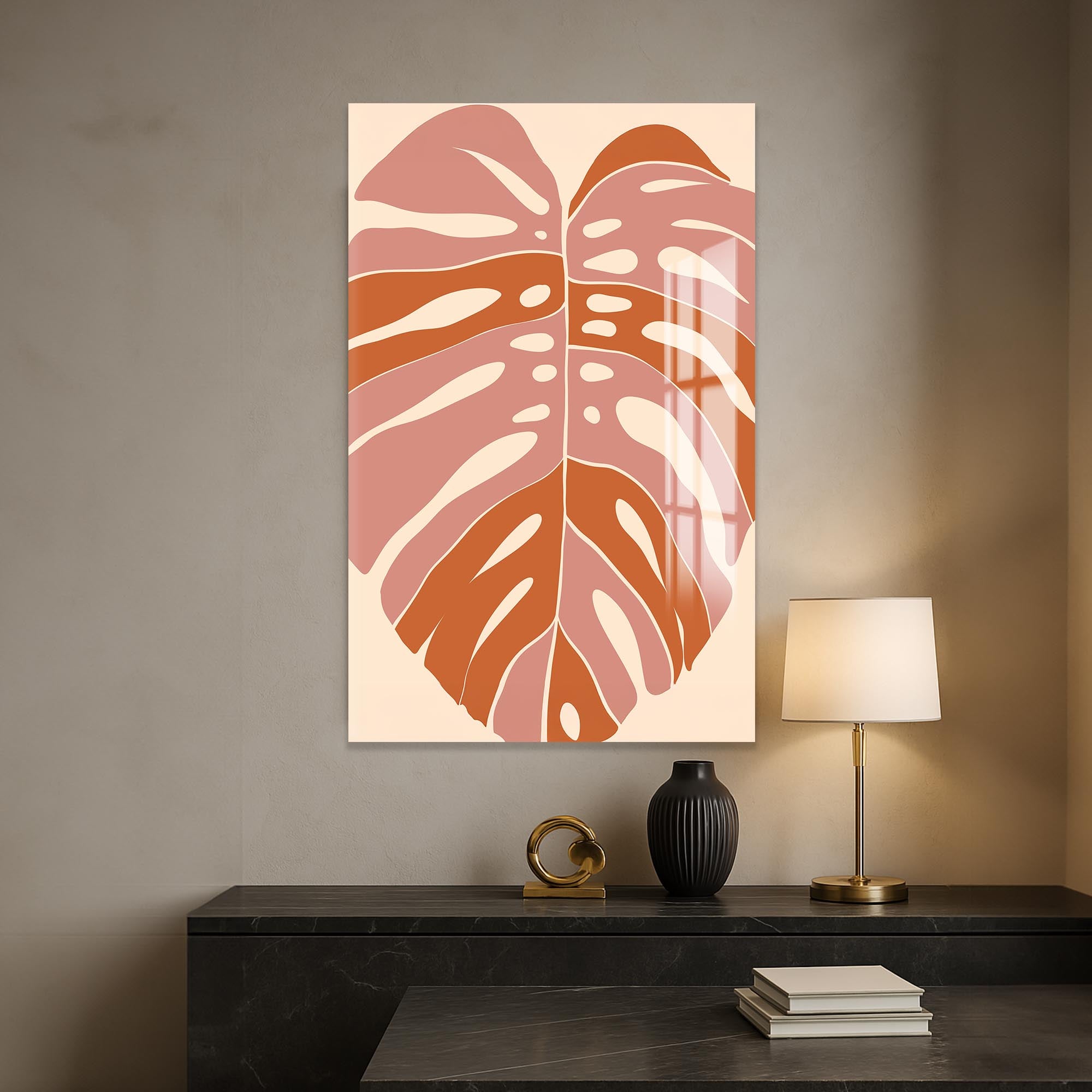 Blush Monstera– Bohemian Tempered Glass Wall Art